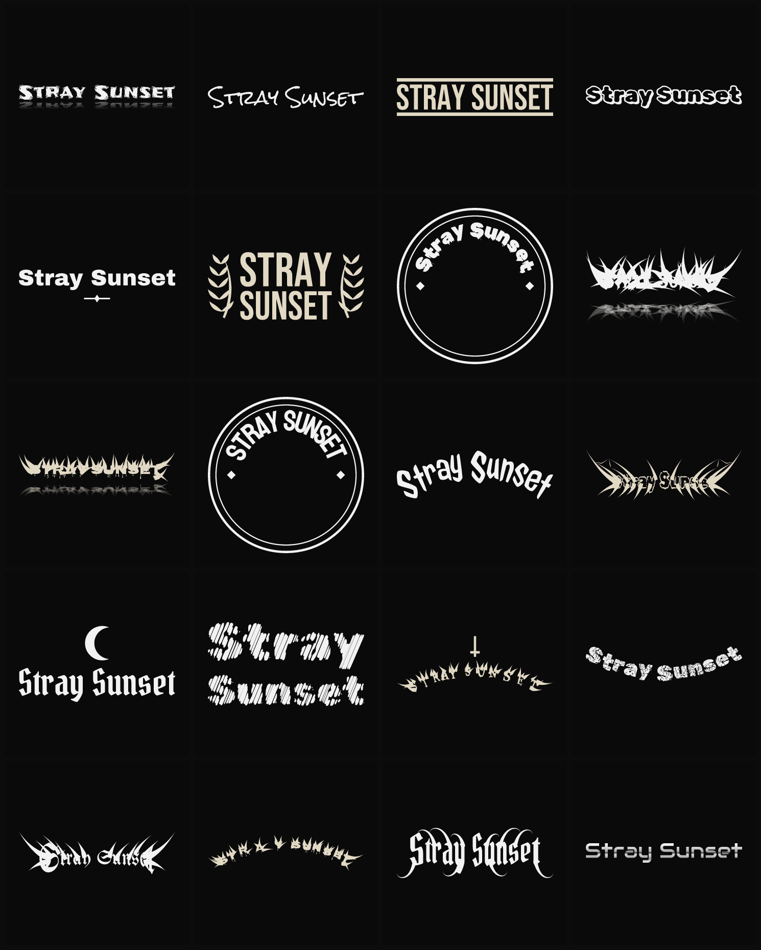 Twenty Stray Sunset band logo ideas — different faces, treatments and spike settings