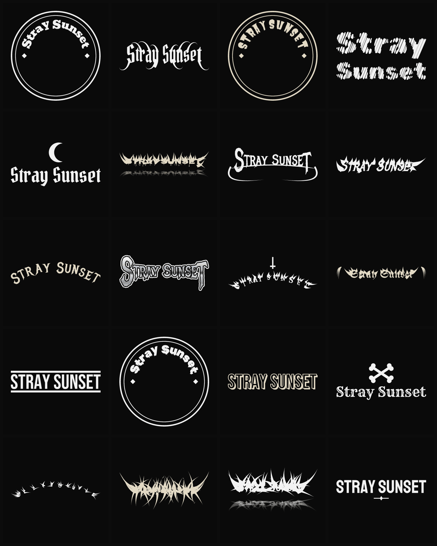 Twenty Stray Sunset band logo ideas — different faces, treatments and spike settings