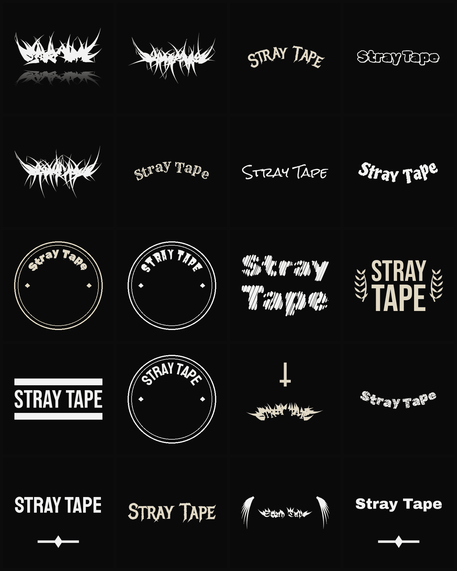 Twenty Stray Tape band logo ideas — different faces, treatments and spike settings
