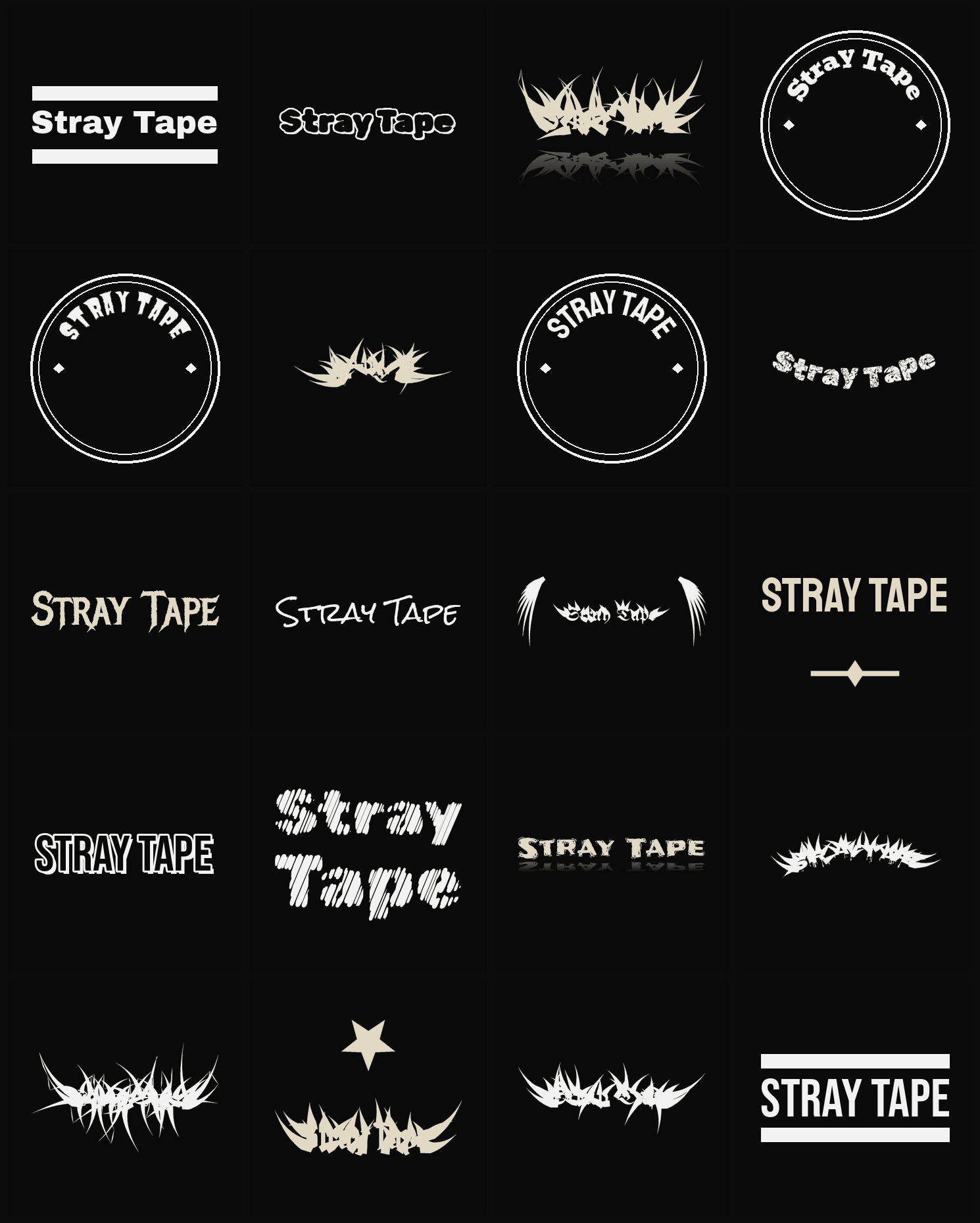 Twenty Stray Tape band logo ideas — different faces, treatments and spike settings