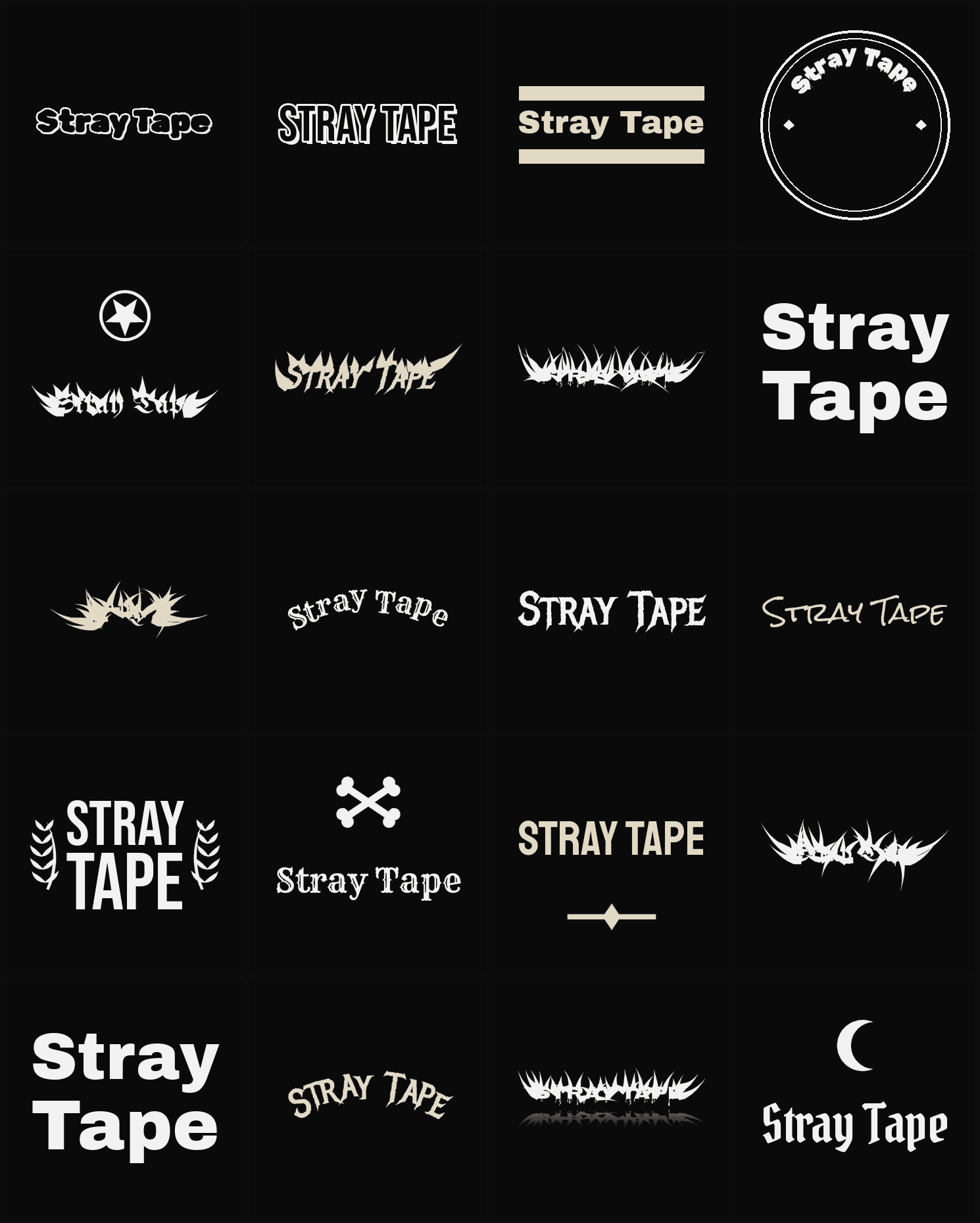 Twenty Stray Tape band logo ideas — different faces, treatments and spike settings