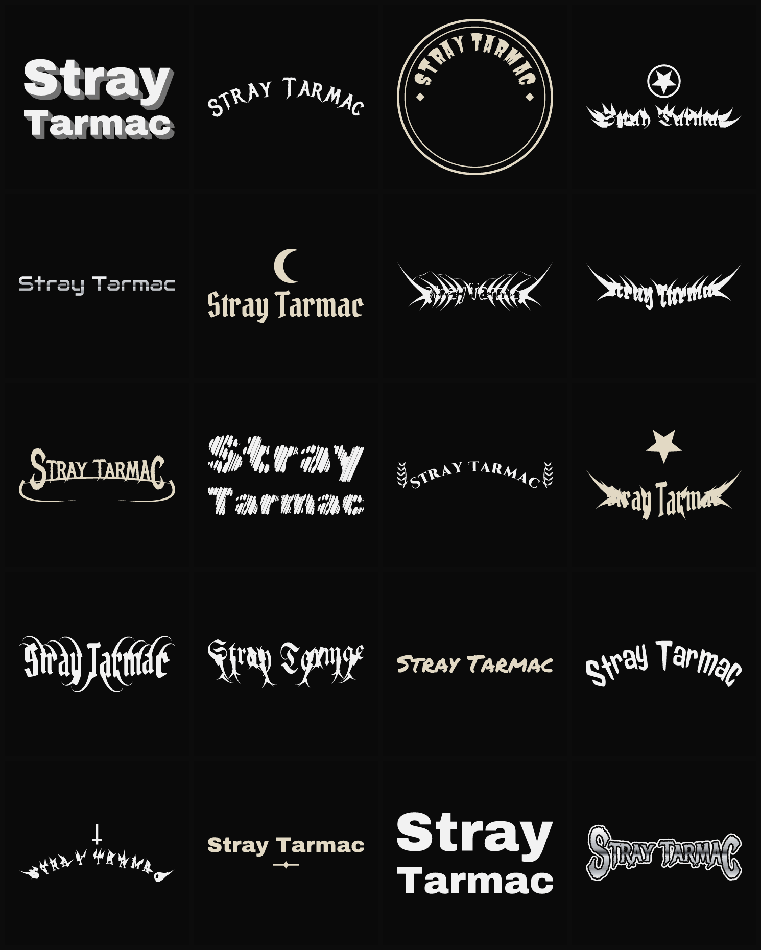 Twenty Stray Tarmac band logo ideas — different faces, treatments and spike settings