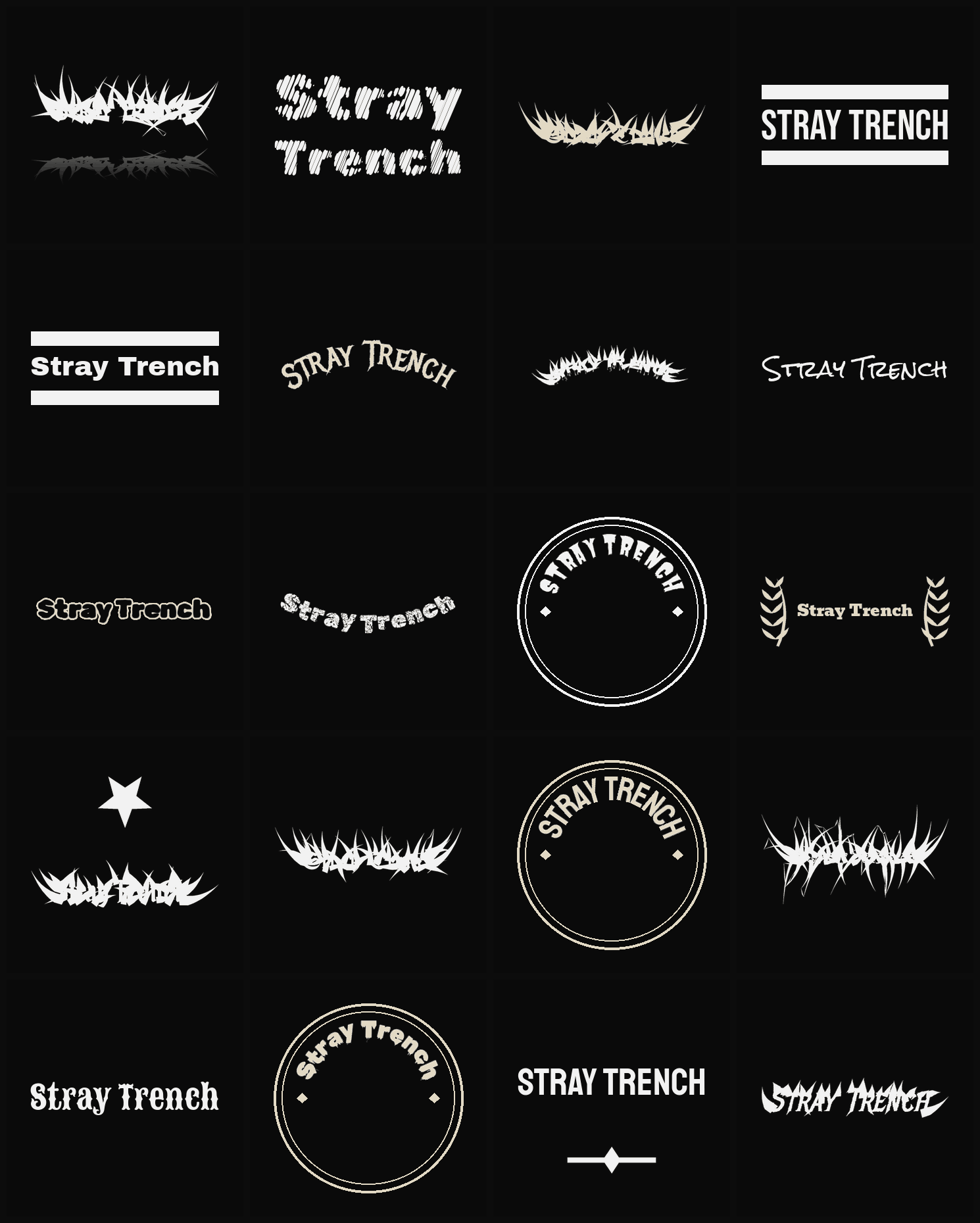 Twenty Stray Trench band logo ideas — different faces, treatments and spike settings