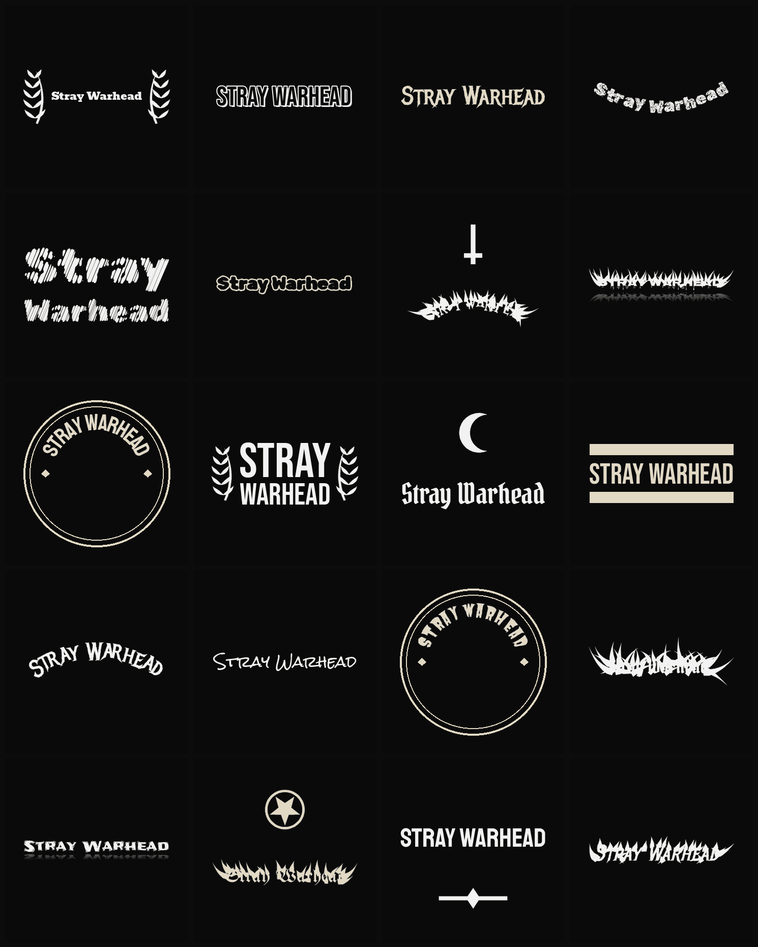 Twenty Stray Warhead band logo ideas — different faces, treatments and spike settings