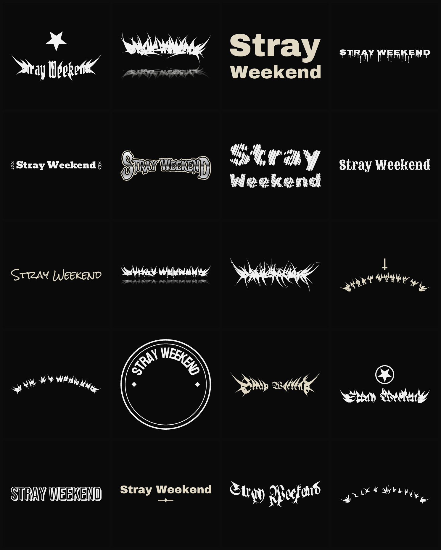 Twenty Stray Weekend band logo ideas — different faces, treatments and spike settings
