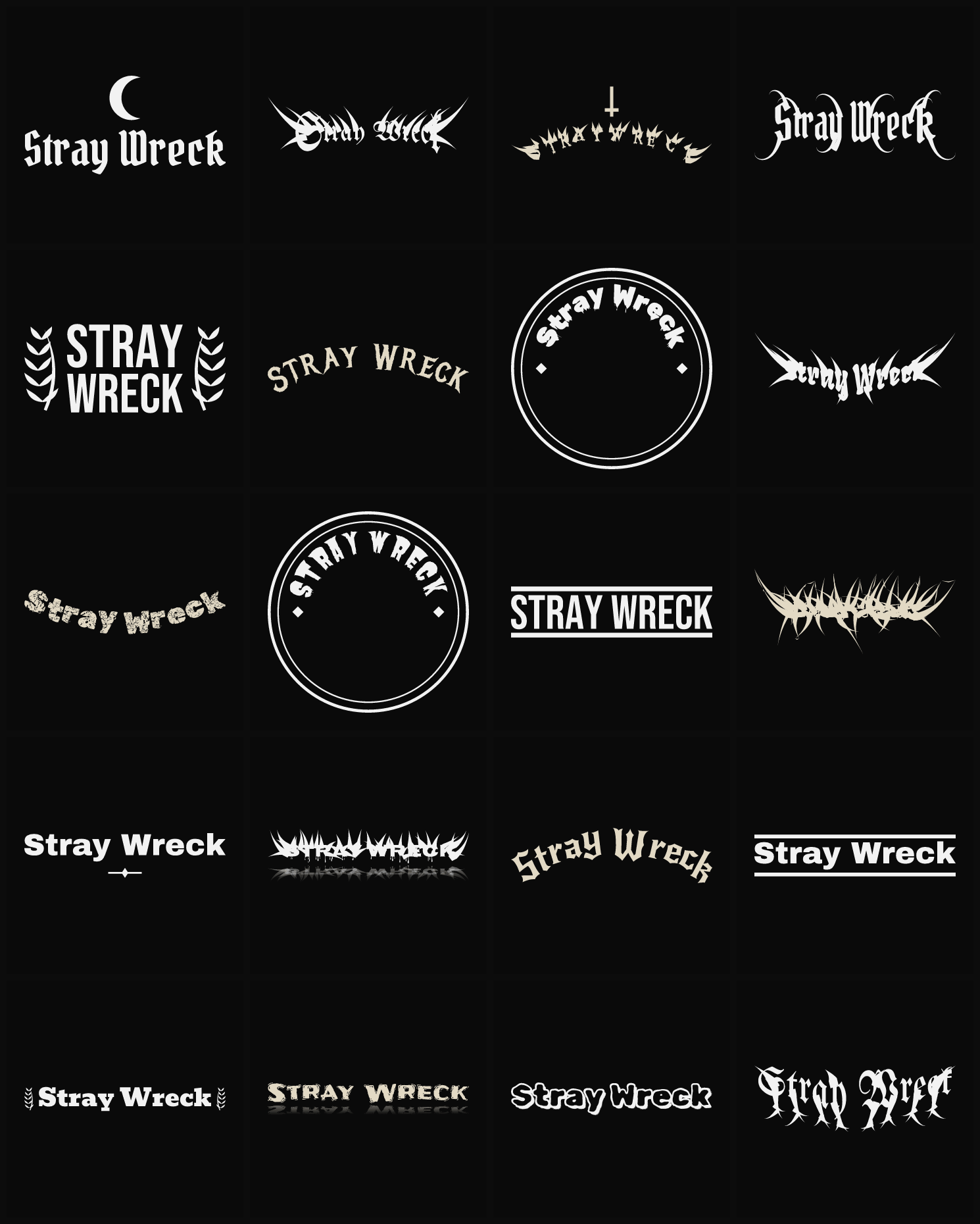 Twenty Stray Wreck band logo ideas — different faces, treatments and spike settings