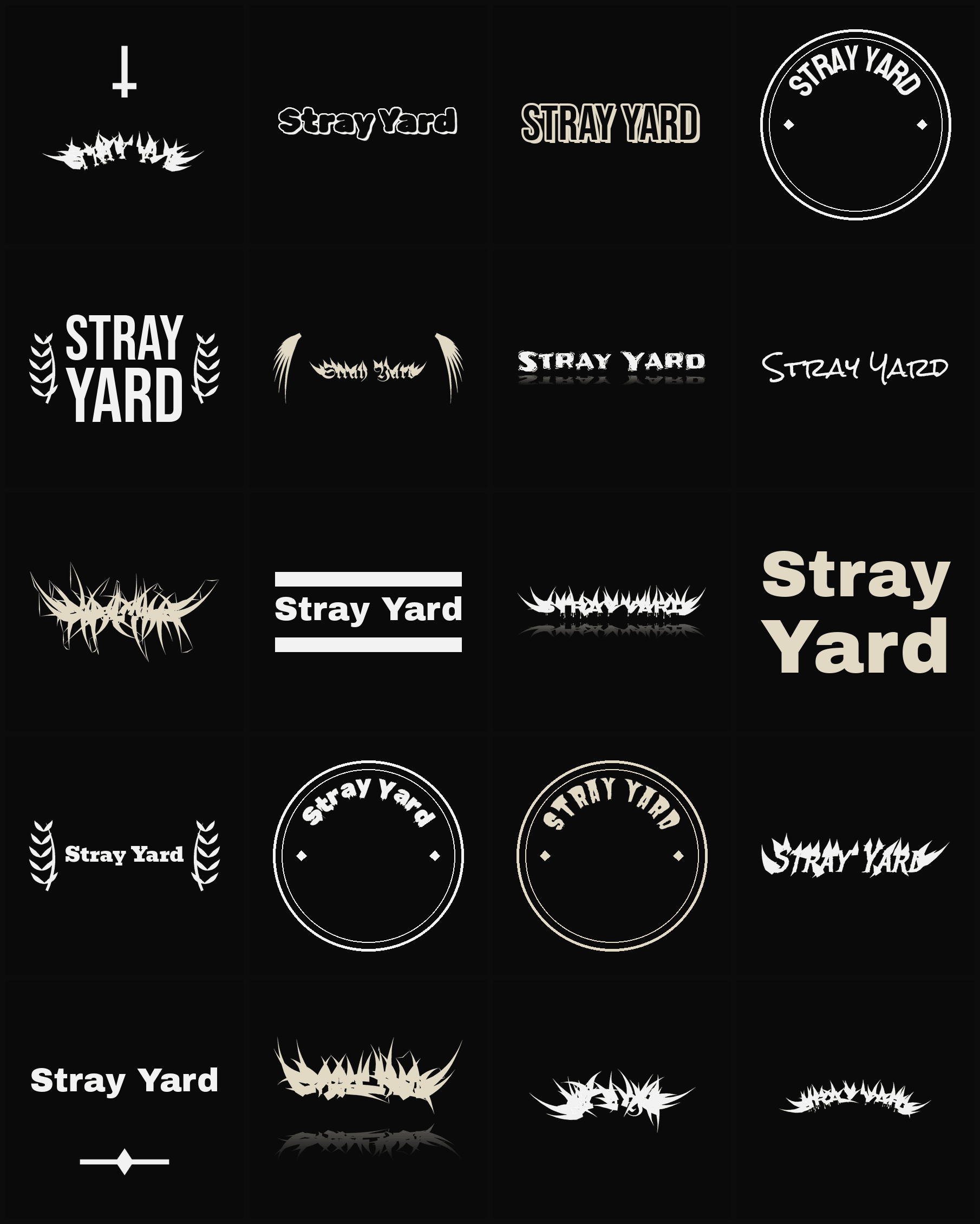 Twenty Stray Yard band logo ideas — different faces, treatments and spike settings