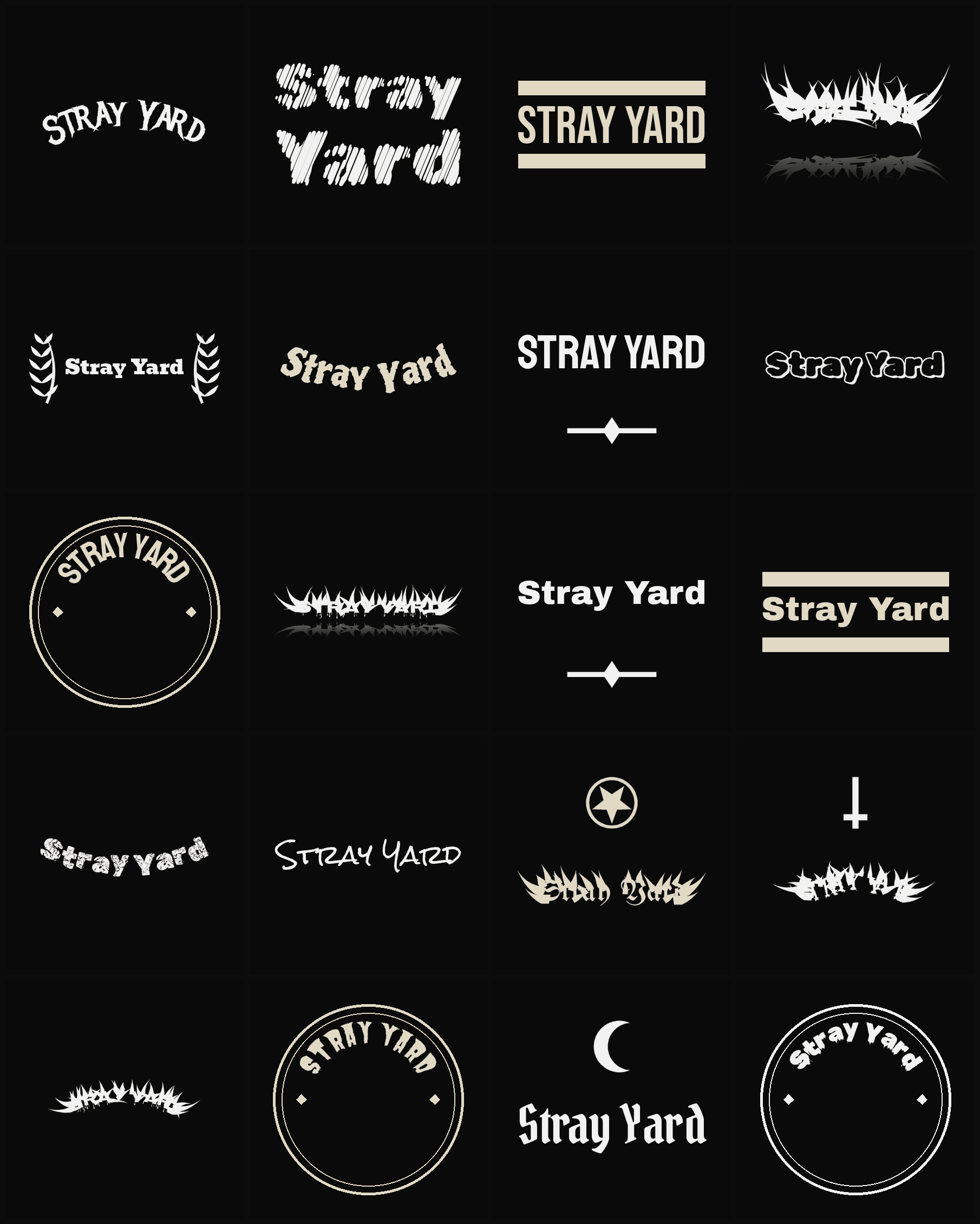 Twenty Stray Yard band logo ideas — different faces, treatments and spike settings