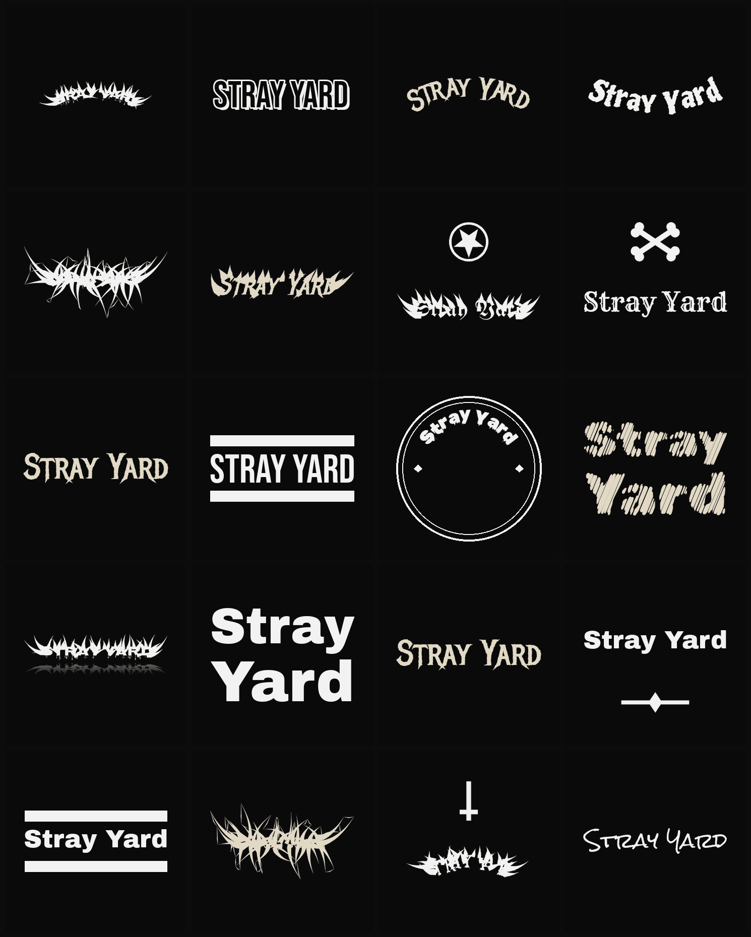Twenty Stray Yard band logo ideas — different faces, treatments and spike settings
