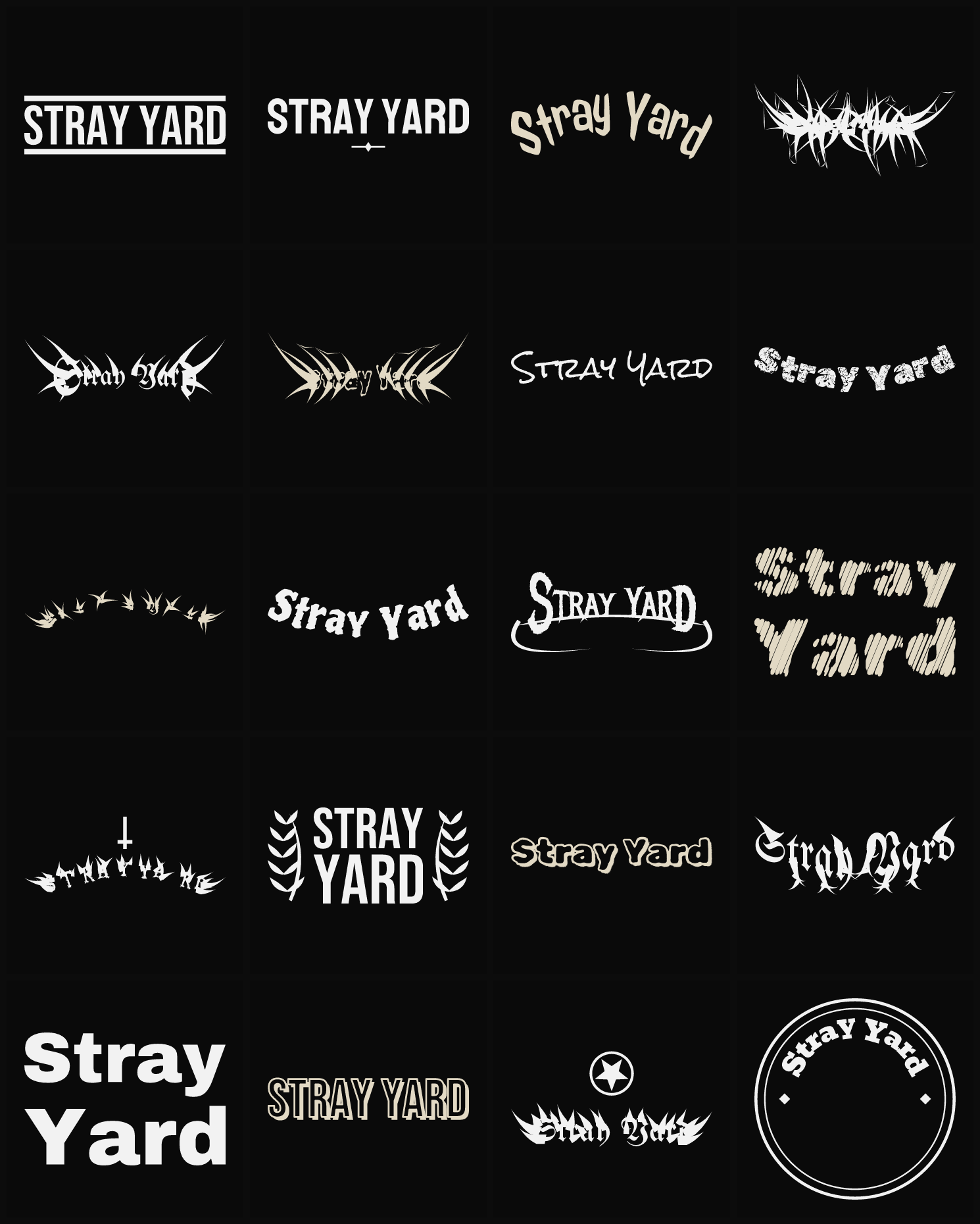 Twenty Stray Yard band logo ideas — different faces, treatments and spike settings