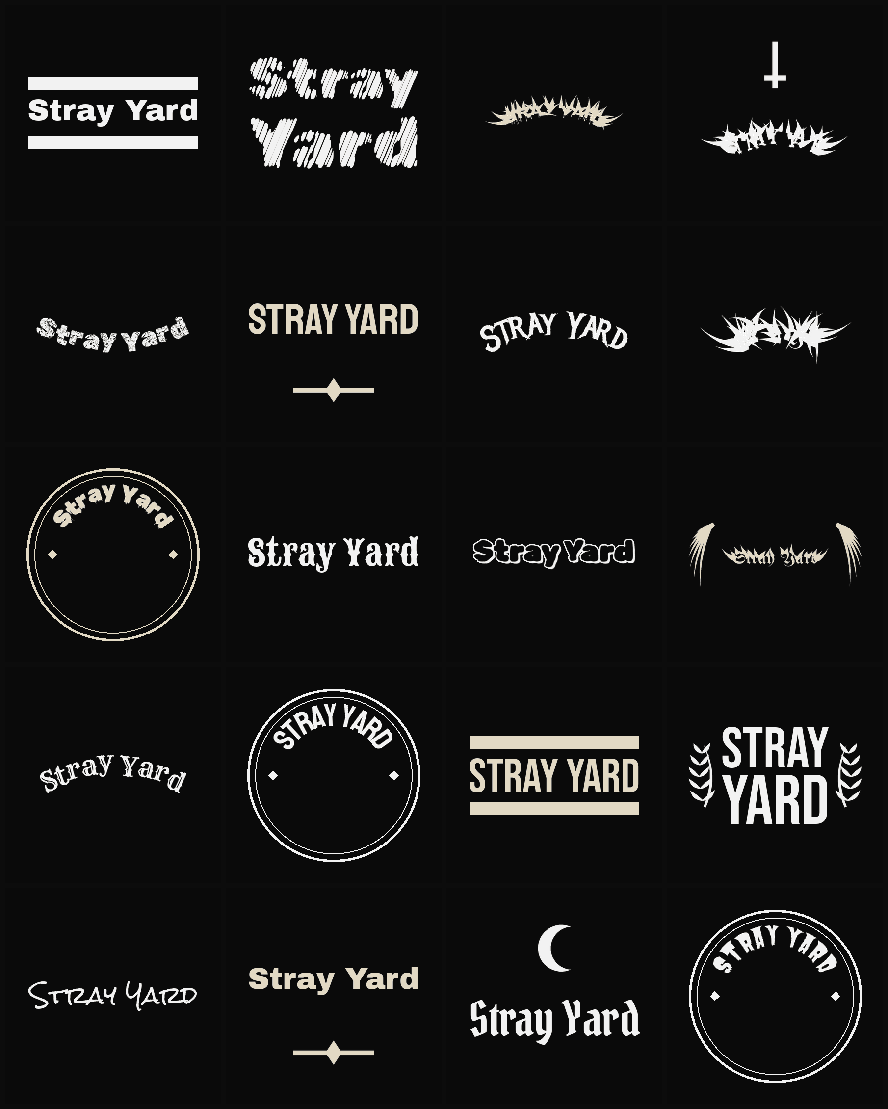 Twenty Stray Yard band logo ideas — different faces, treatments and spike settings