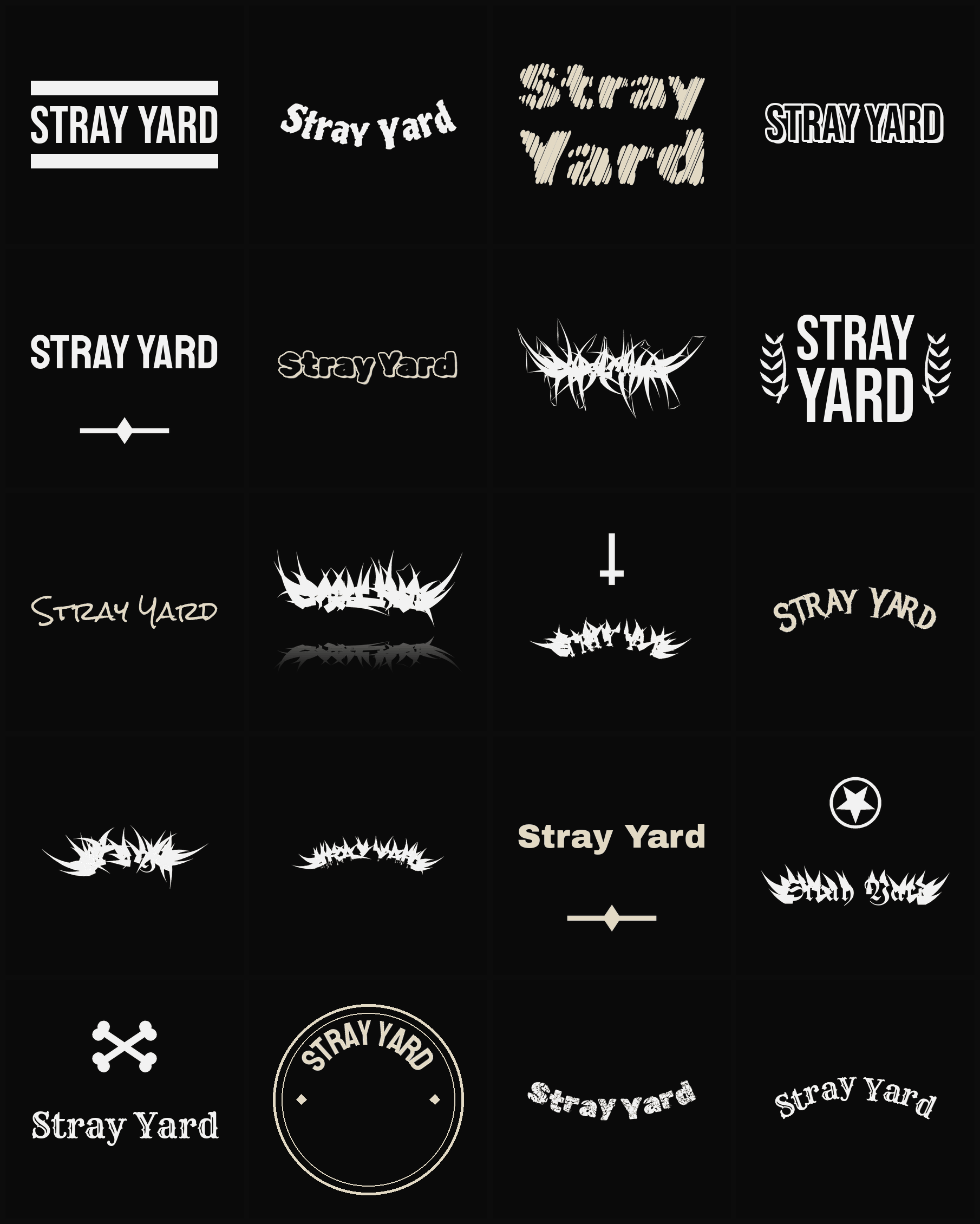 Twenty Stray Yard band logo ideas — different faces, treatments and spike settings