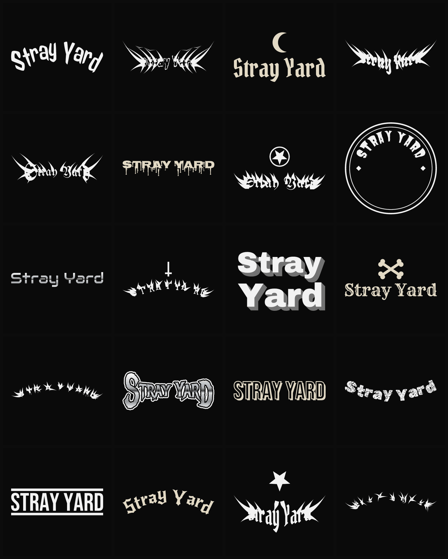 Twenty Stray Yard band logo ideas — different faces, treatments and spike settings