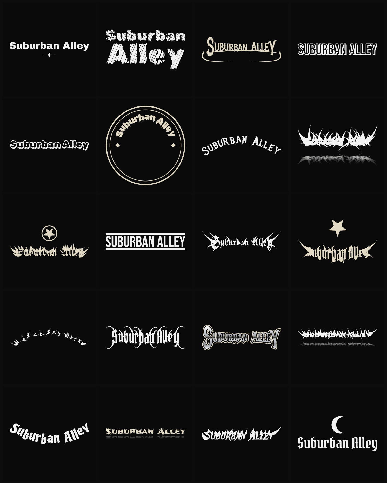 Twenty Suburban Alley band logo ideas — different faces, treatments and spike settings