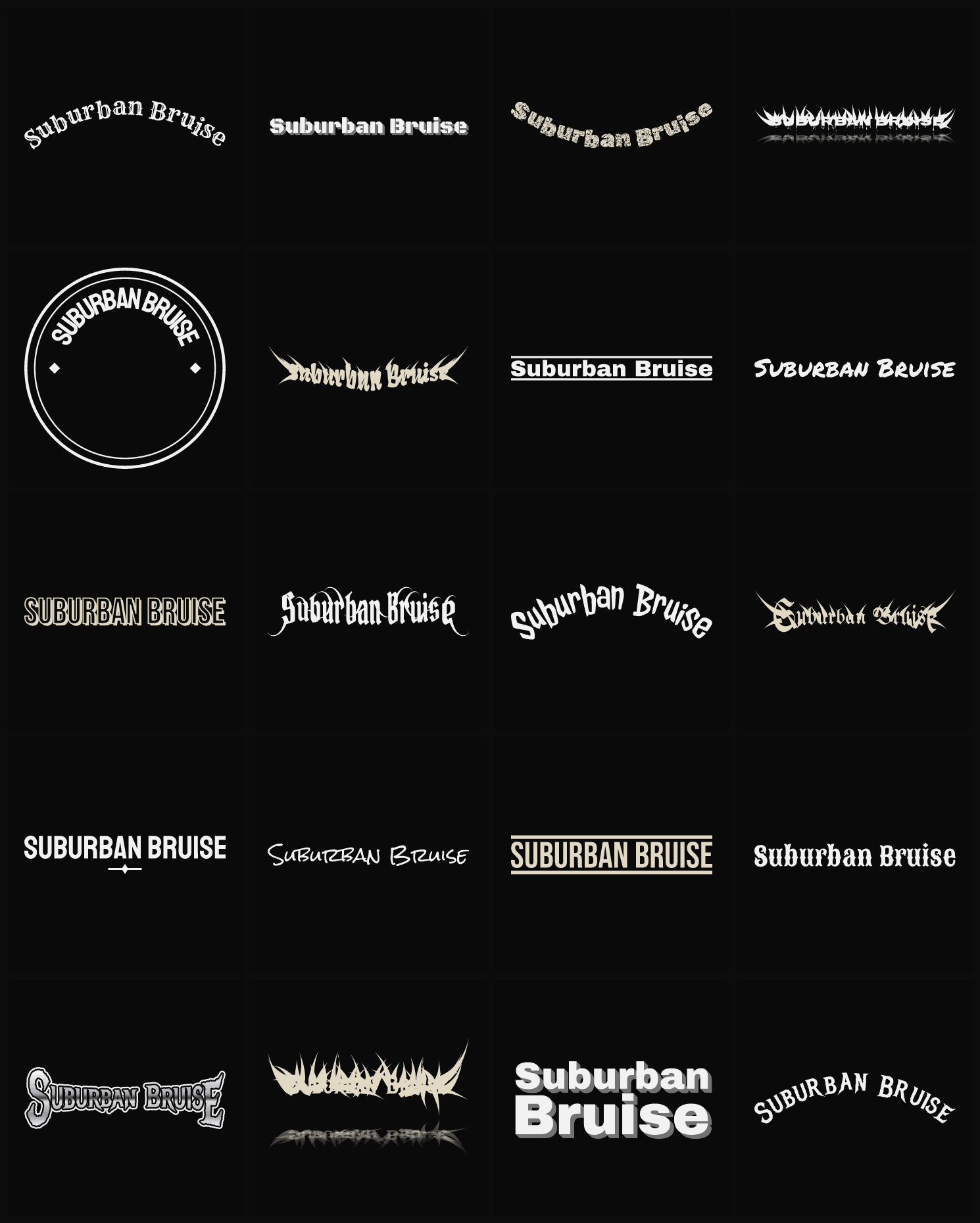 Twenty Suburban Bruise band logo ideas — different faces, treatments and spike settings