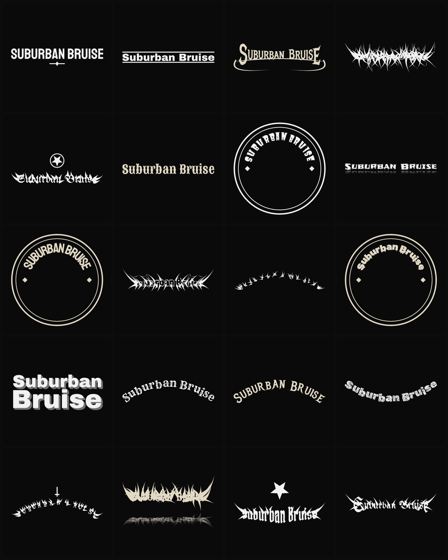 Twenty Suburban Bruise band logo ideas — different faces, treatments and spike settings