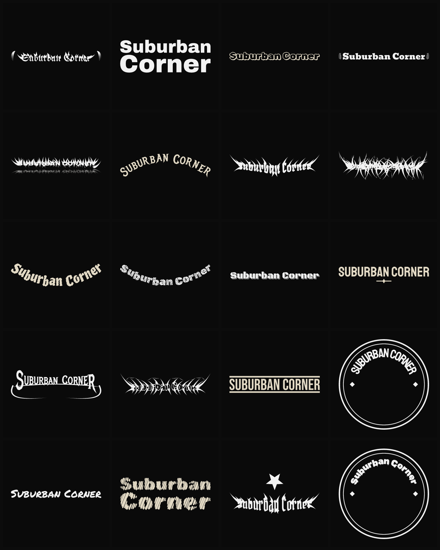 Twenty Suburban Corner band logo ideas — different faces, treatments and spike settings