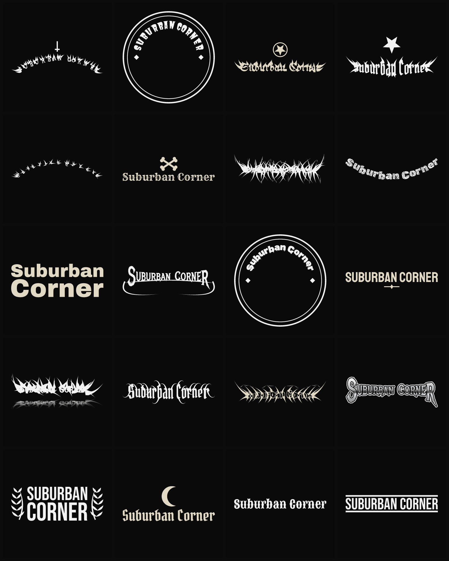Twenty Suburban Corner band logo ideas — different faces, treatments and spike settings