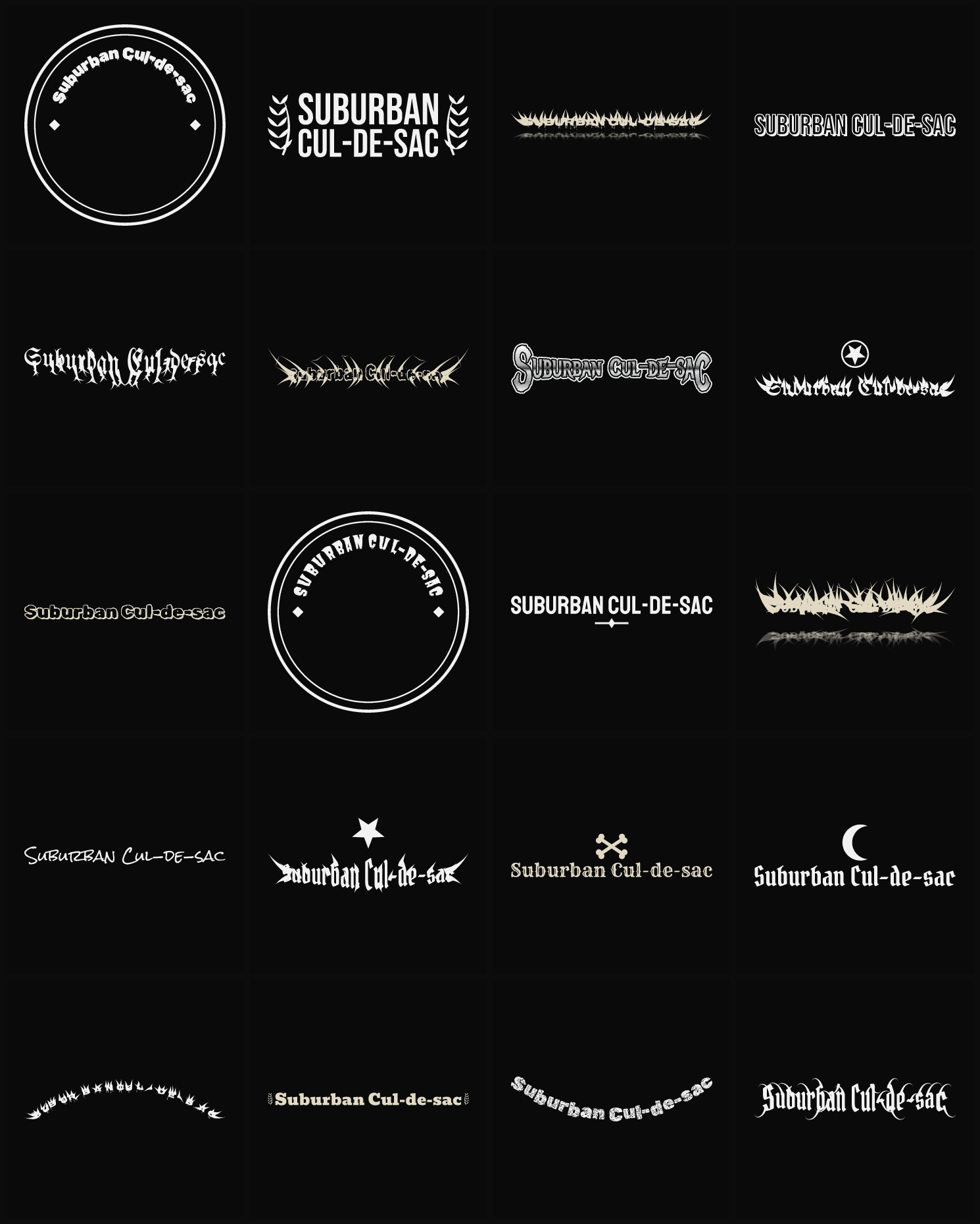 Twenty Suburban Cul-de-sac band logo ideas — different faces, treatments and spike settings