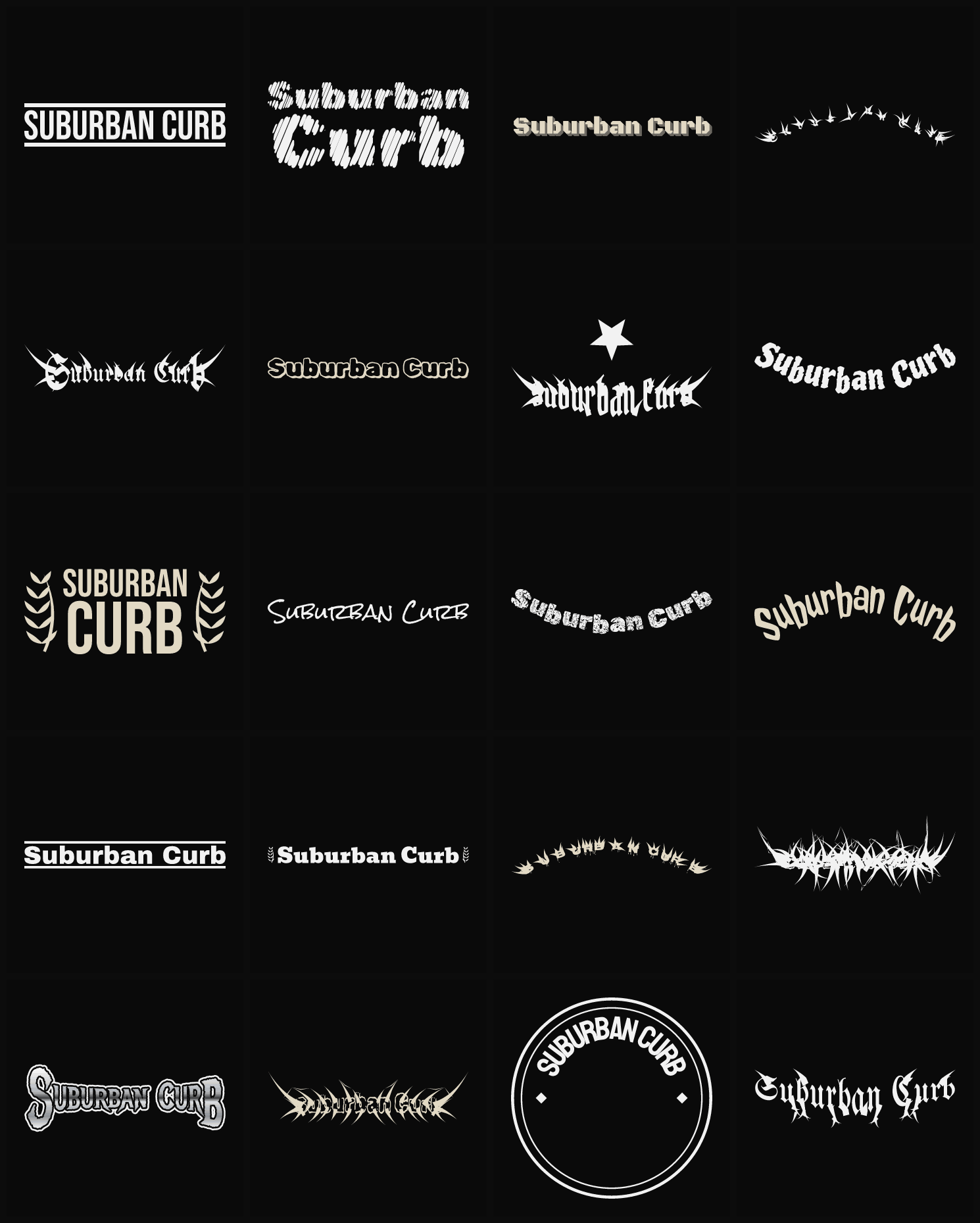 Twenty Suburban Curb band logo ideas — different faces, treatments and spike settings