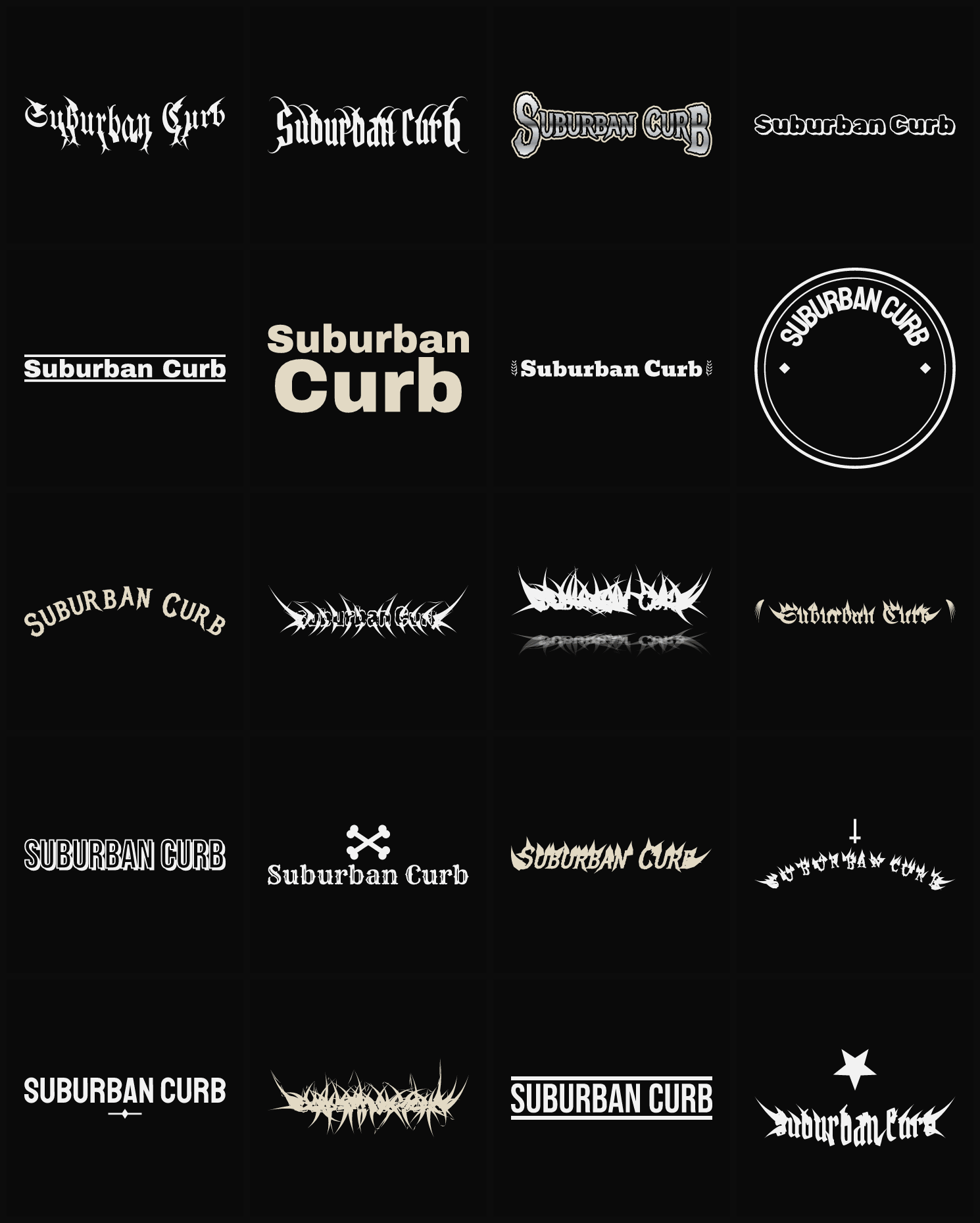 Twenty Suburban Curb band logo ideas — different faces, treatments and spike settings