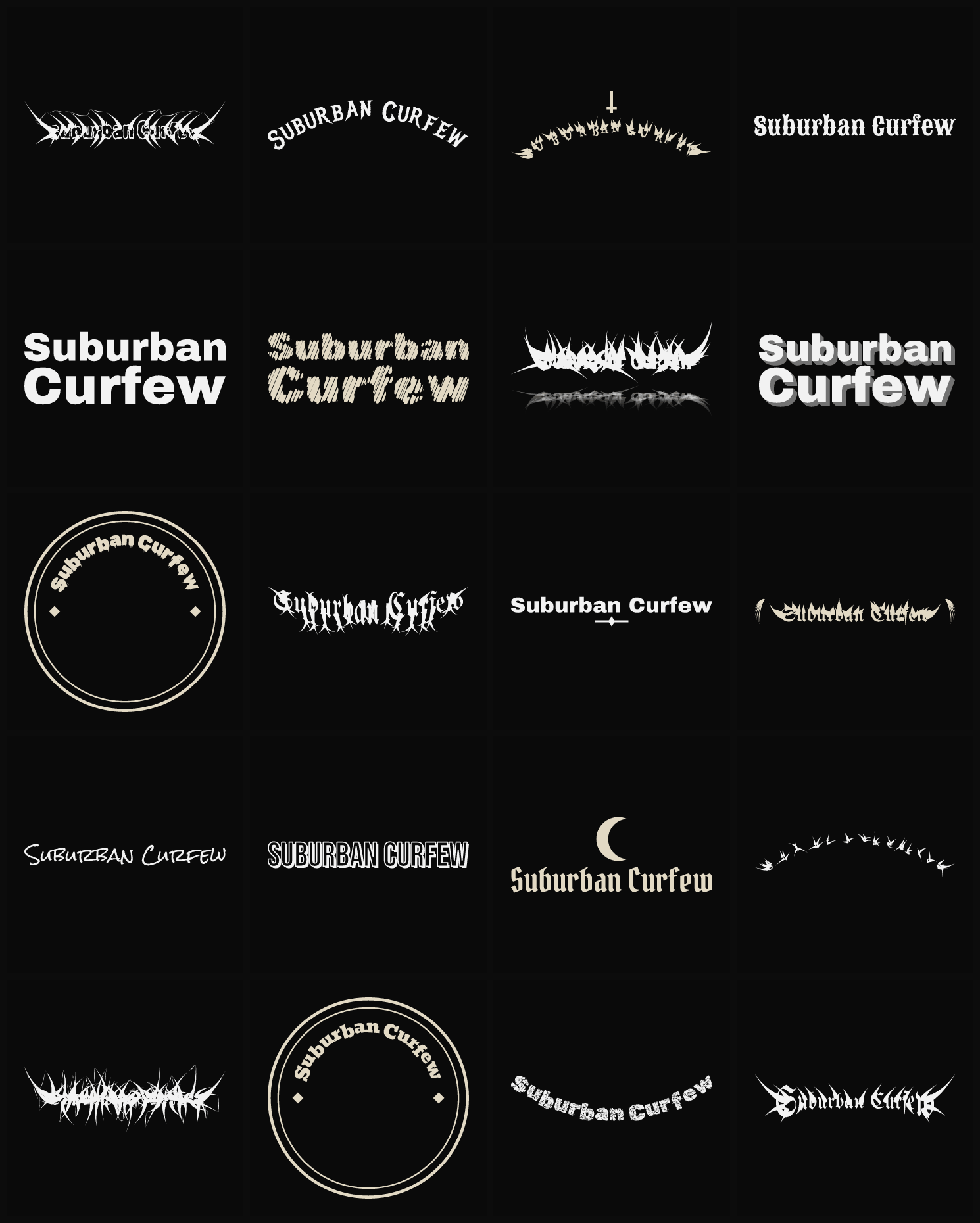 Twenty Suburban Curfew band logo ideas — different faces, treatments and spike settings