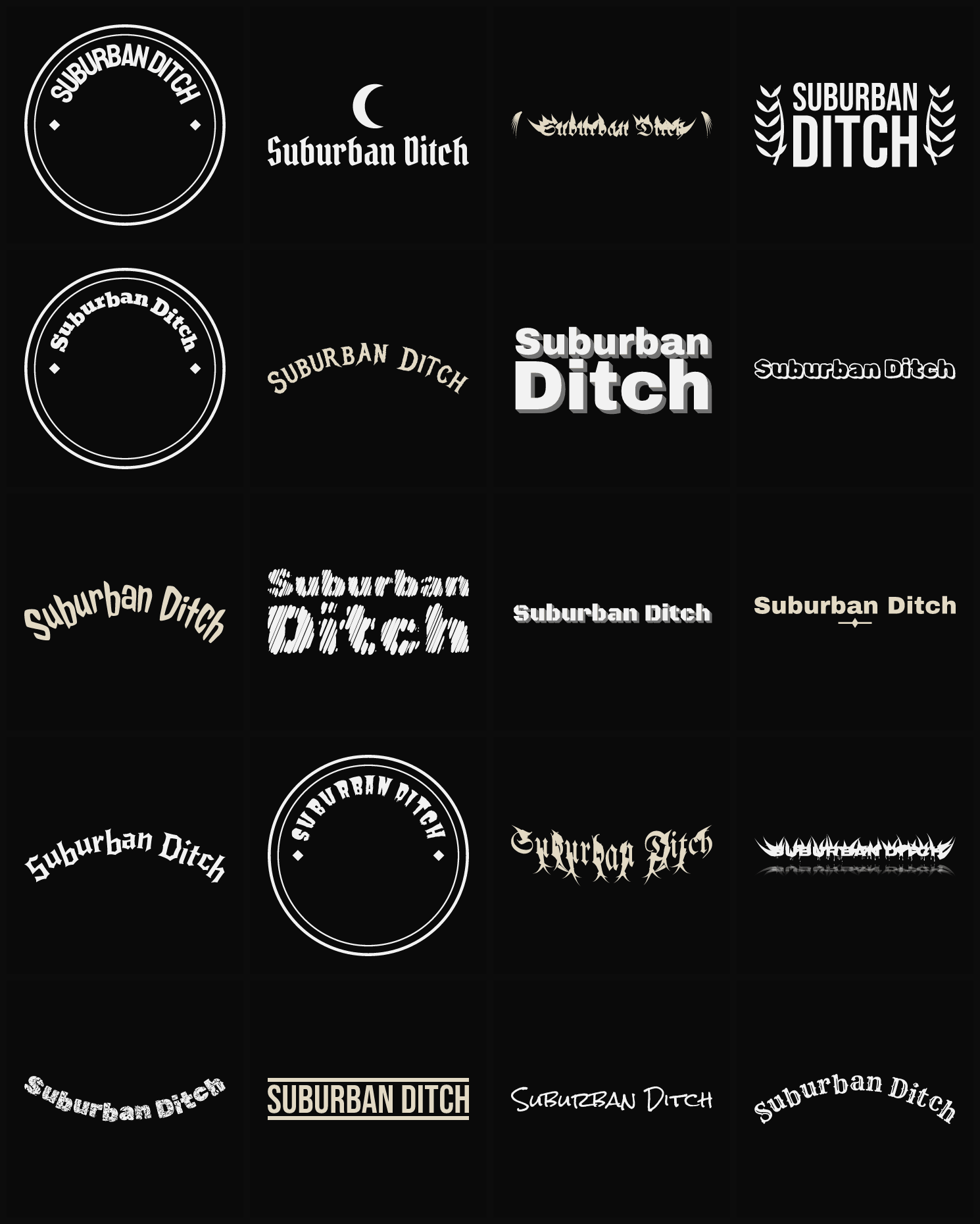 Twenty Suburban Ditch band logo ideas — different faces, treatments and spike settings