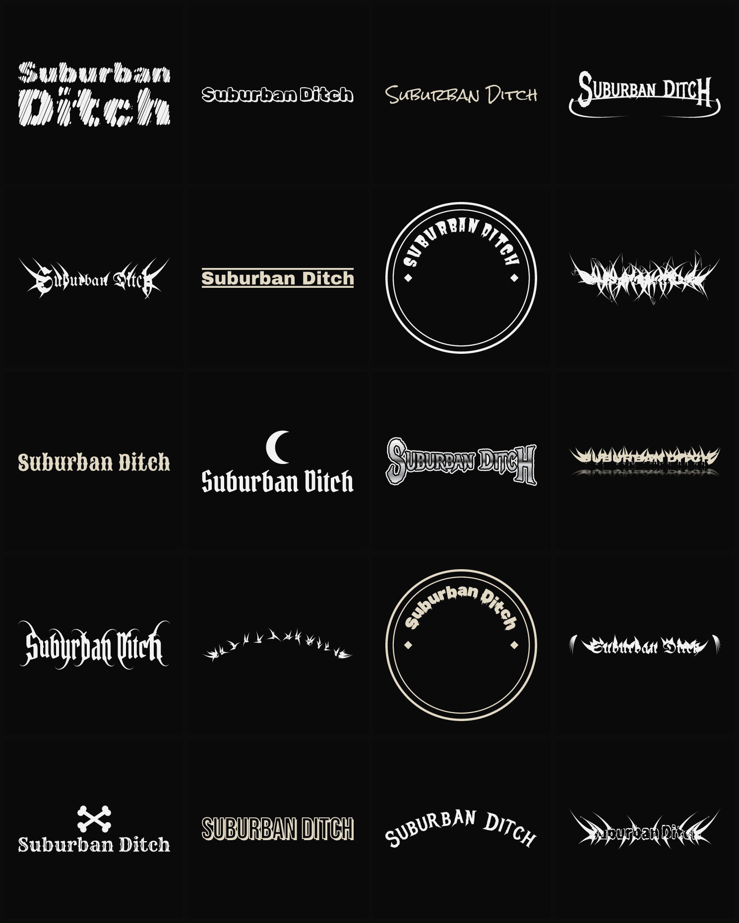 Twenty Suburban Ditch band logo ideas — different faces, treatments and spike settings