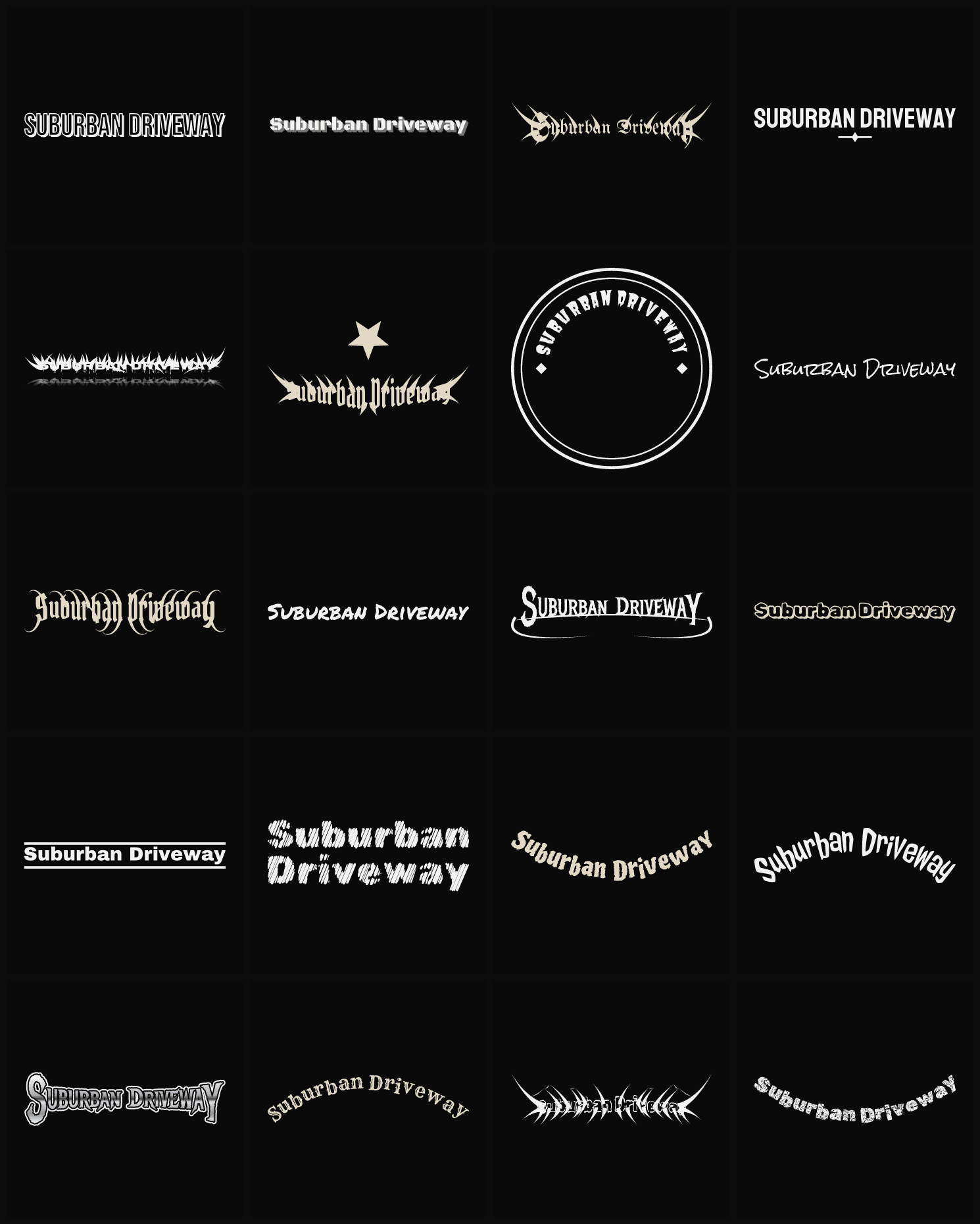 Twenty Suburban Driveway band logo ideas — different faces, treatments and spike settings