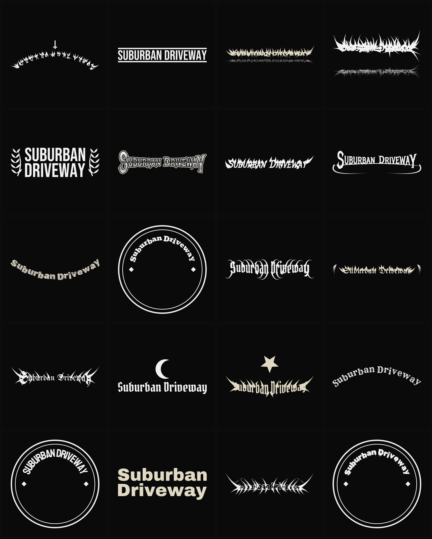Twenty Suburban Driveway band logo ideas — different faces, treatments and spike settings