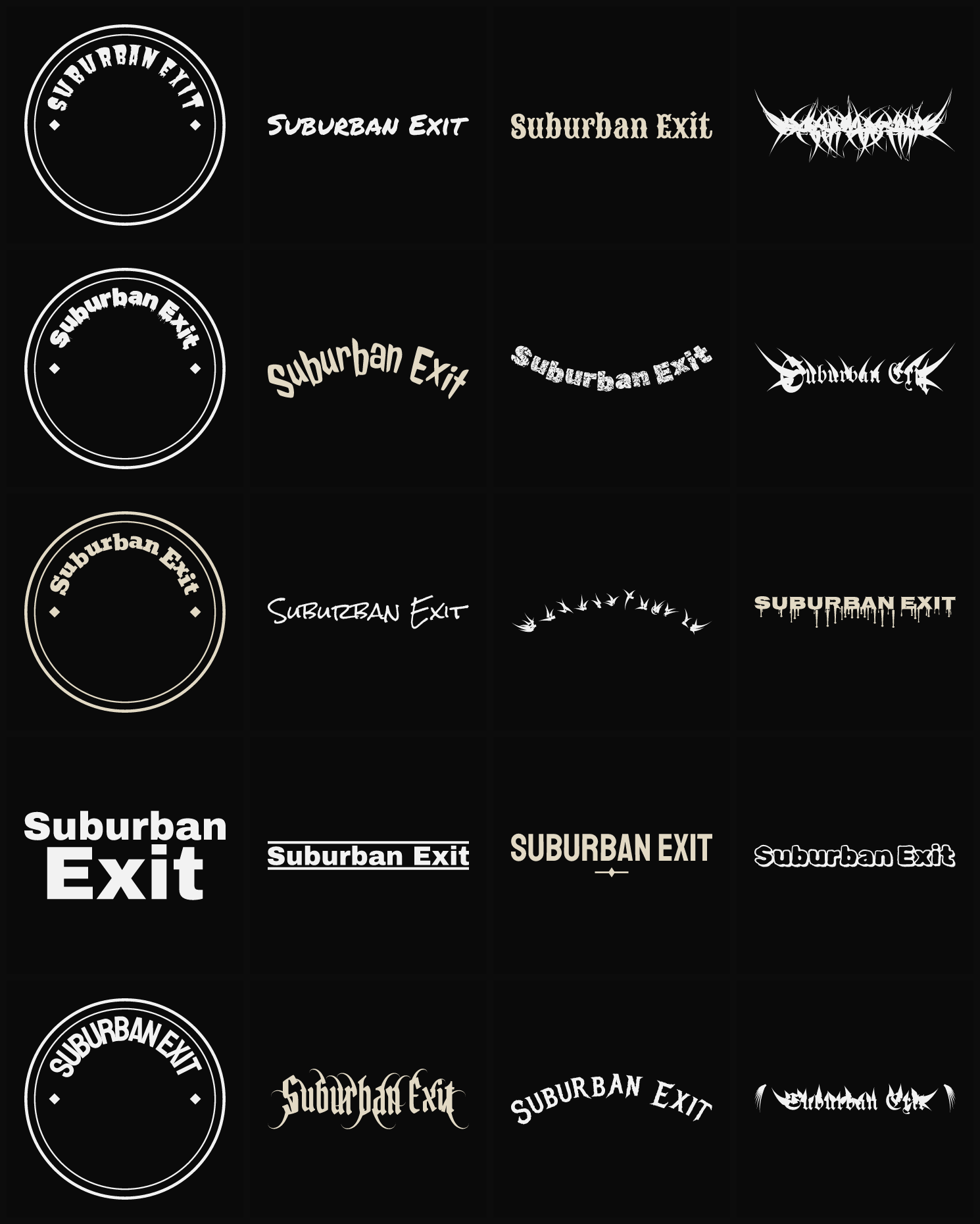 Twenty Suburban Exit band logo ideas — different faces, treatments and spike settings