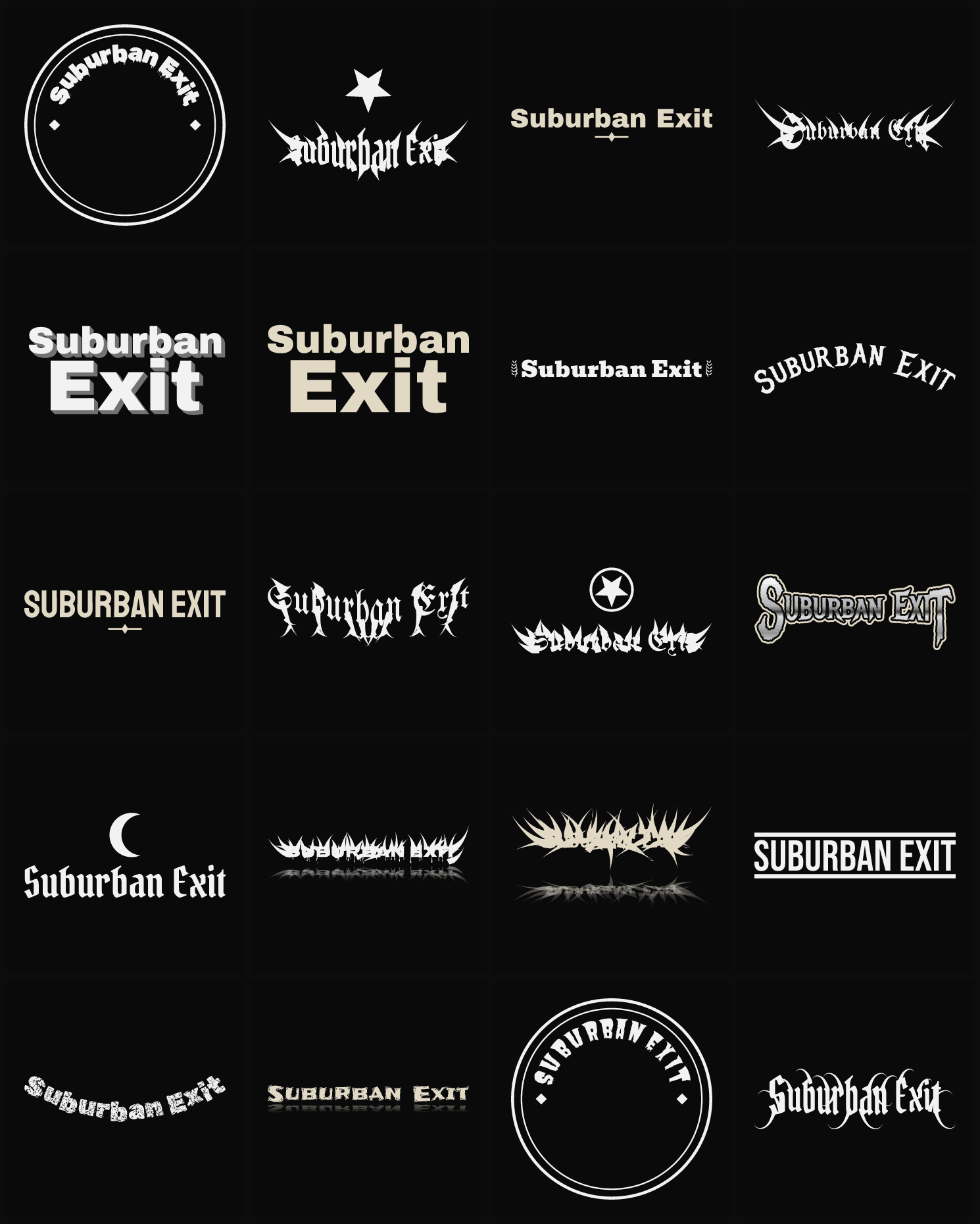 Twenty Suburban Exit band logo ideas — different faces, treatments and spike settings