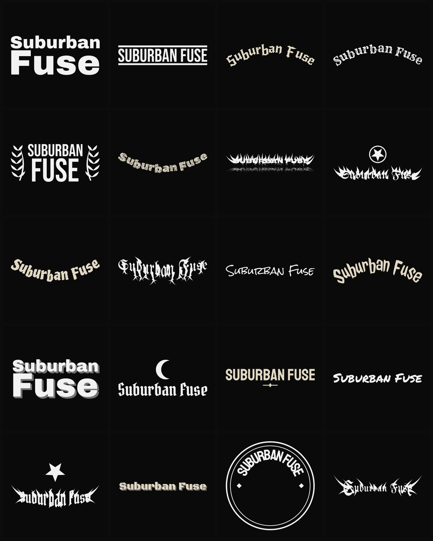 Twenty Suburban Fuse band logo ideas — different faces, treatments and spike settings