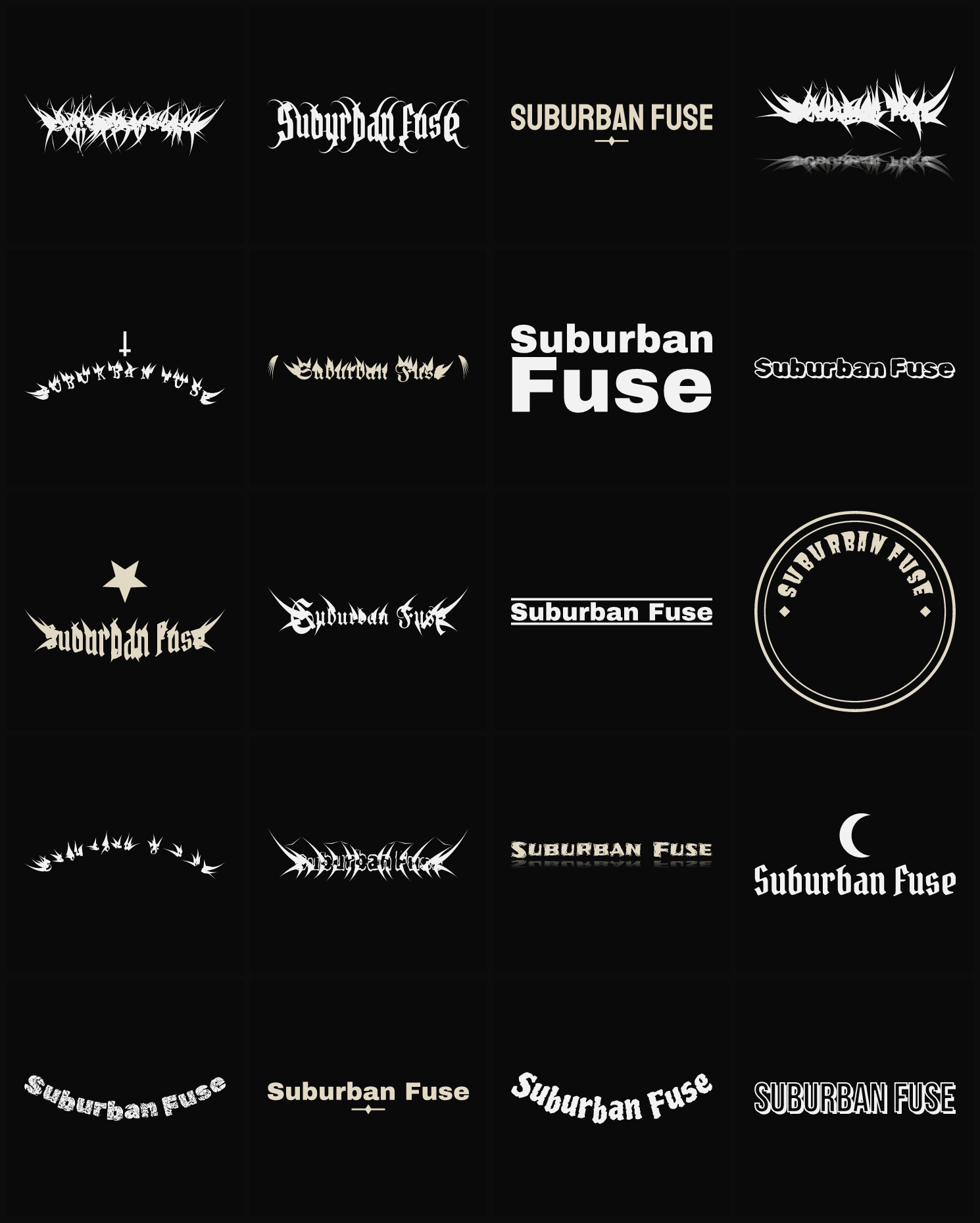 Twenty Suburban Fuse band logo ideas — different faces, treatments and spike settings