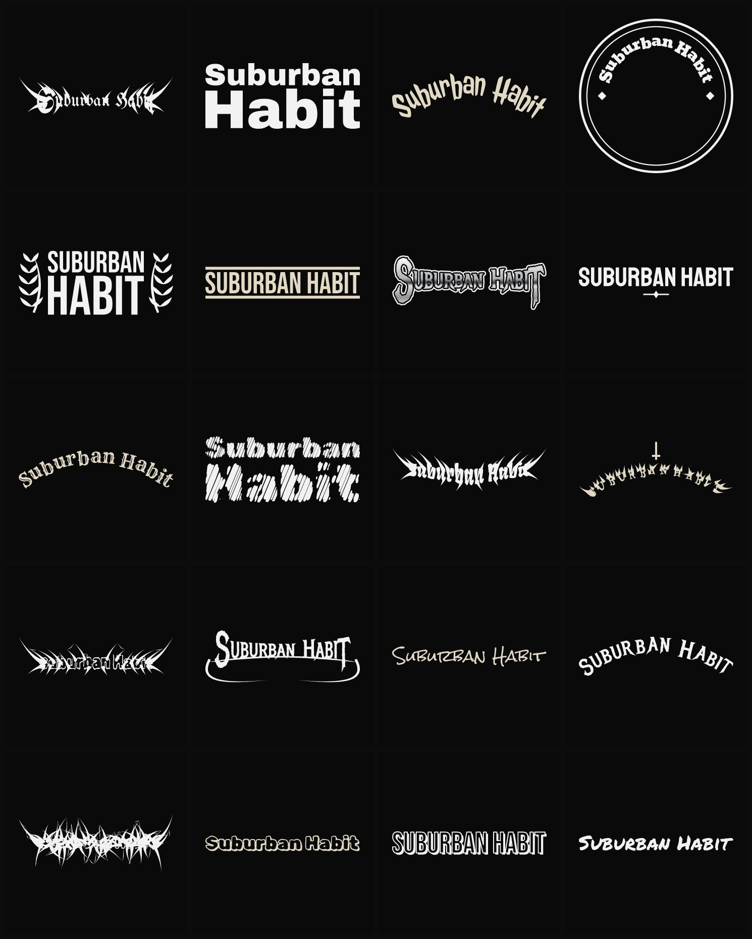 Twenty Suburban Habit band logo ideas — different faces, treatments and spike settings