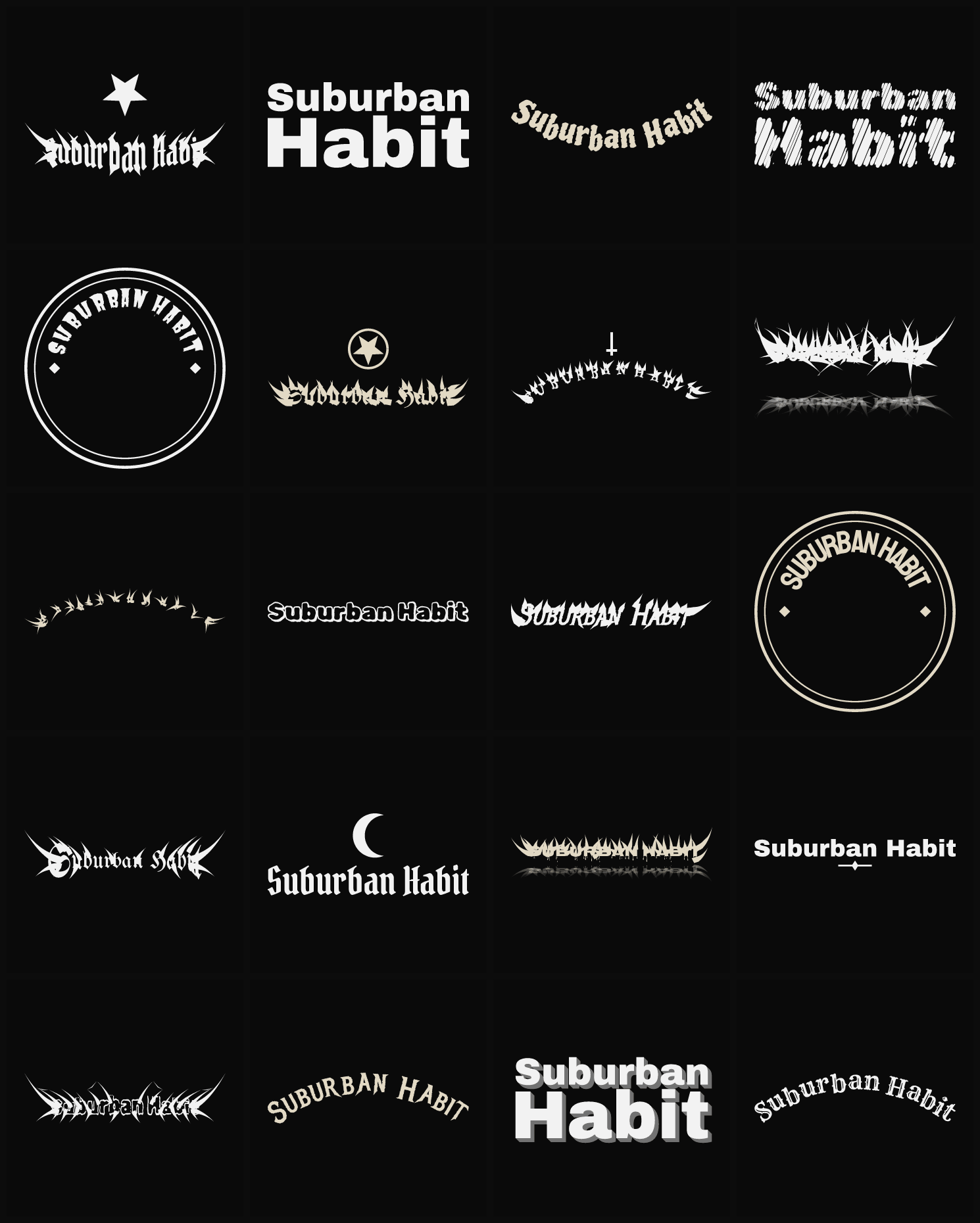 Twenty Suburban Habit band logo ideas — different faces, treatments and spike settings