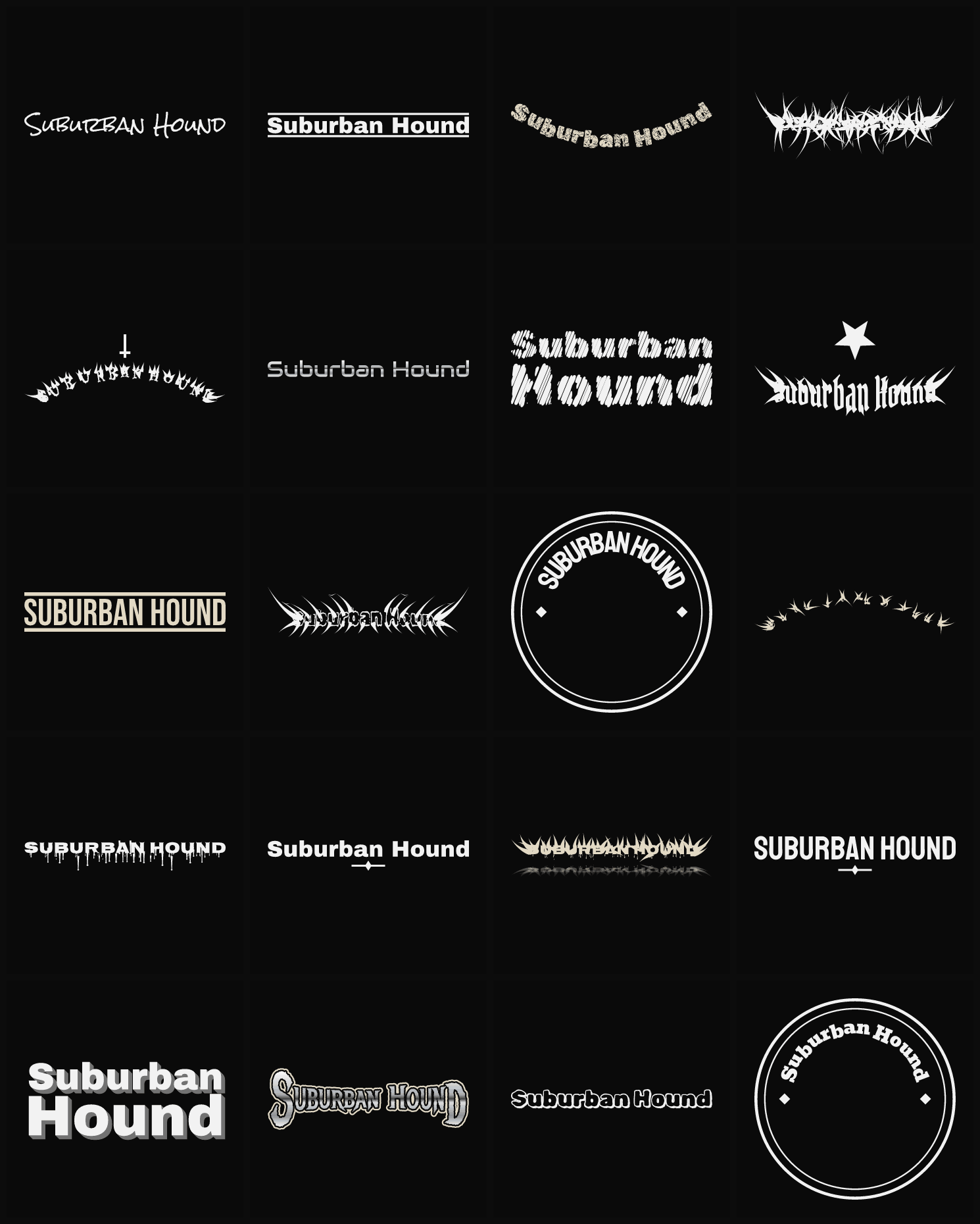 Twenty Suburban Hound band logo ideas — different faces, treatments and spike settings