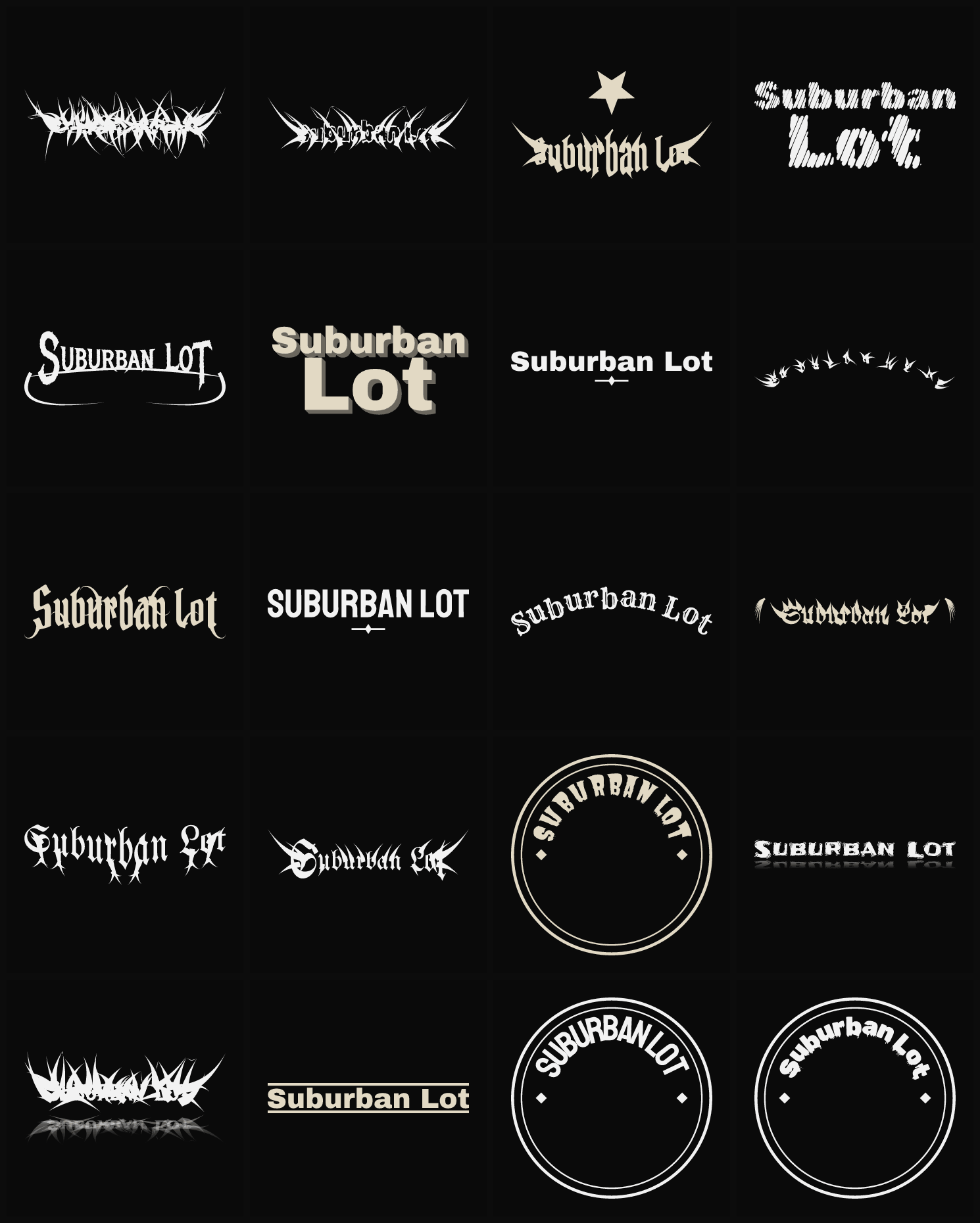 Twenty Suburban Lot band logo ideas — different faces, treatments and spike settings
