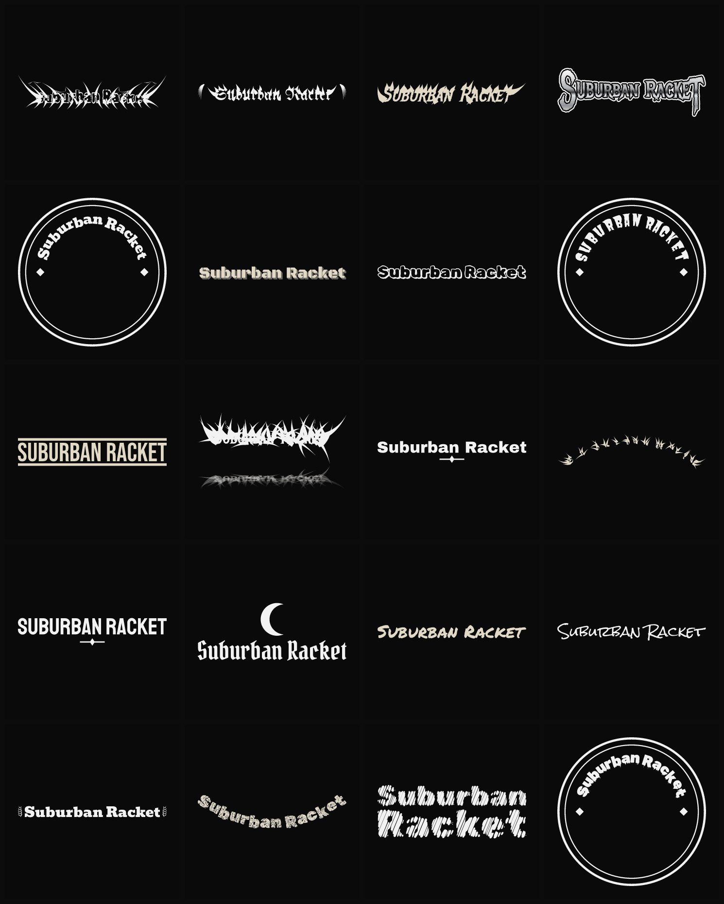 Twenty Suburban Racket band logo ideas — different faces, treatments and spike settings