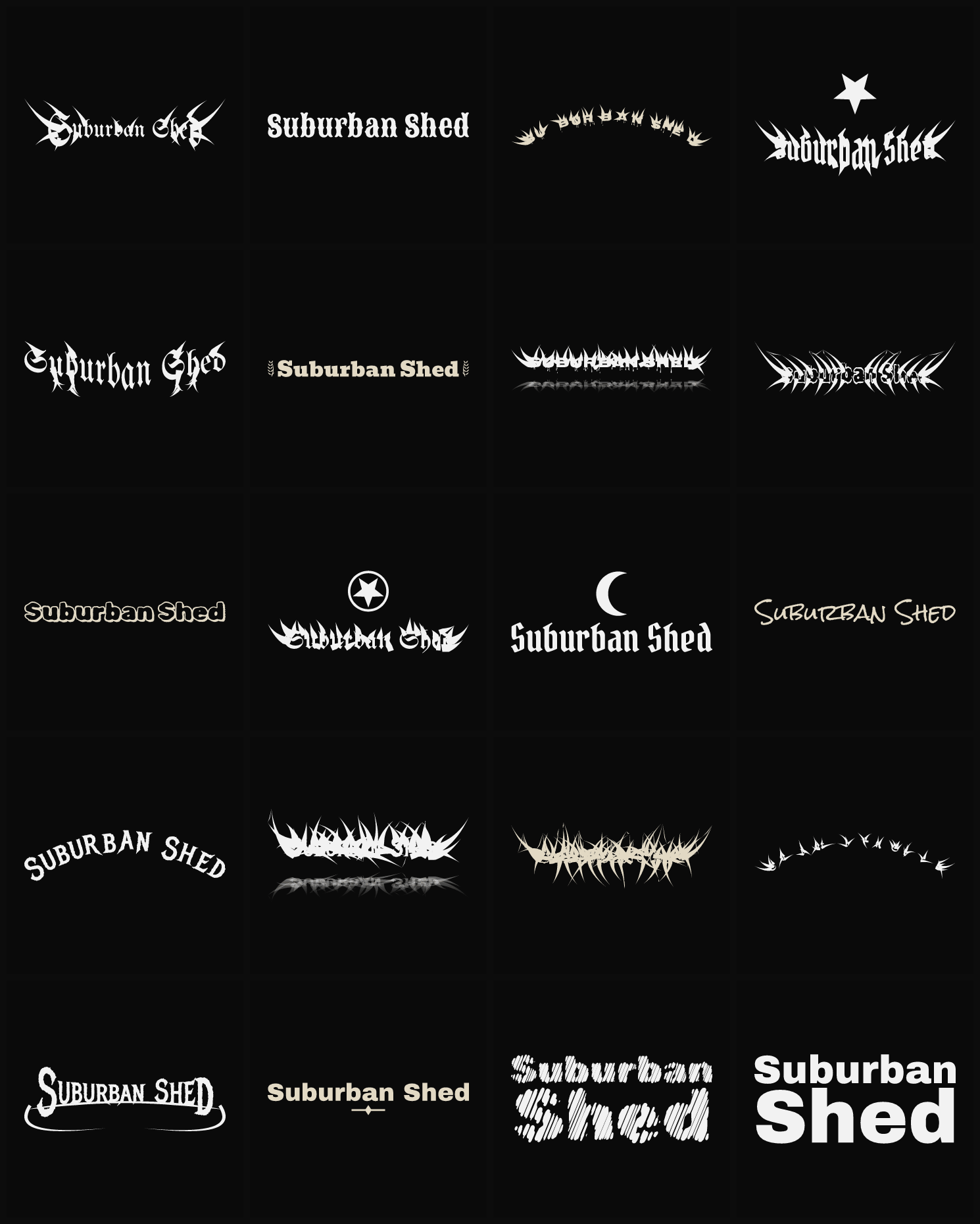 Twenty Suburban Shed band logo ideas — different faces, treatments and spike settings