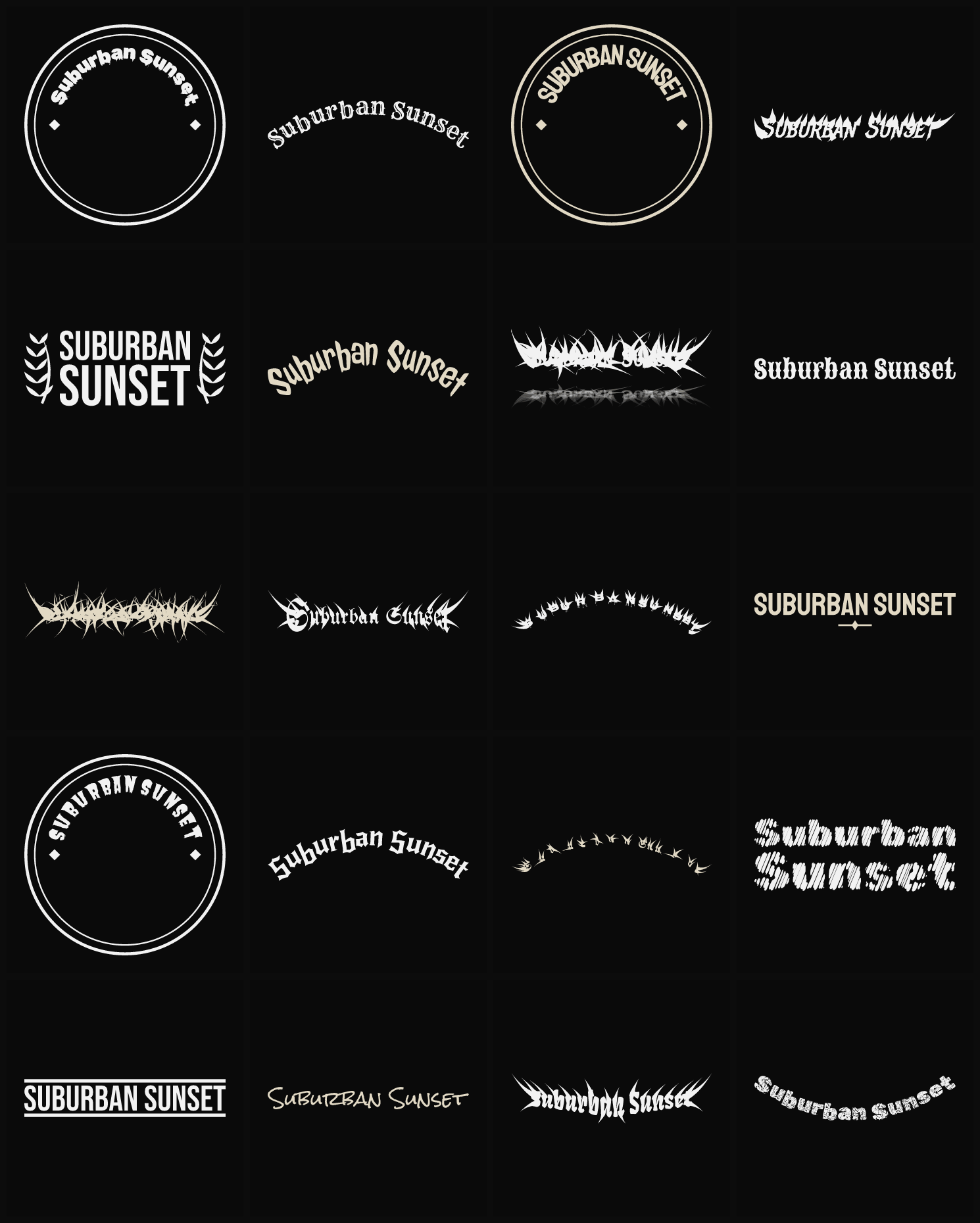 Twenty Suburban Sunset band logo ideas — different faces, treatments and spike settings