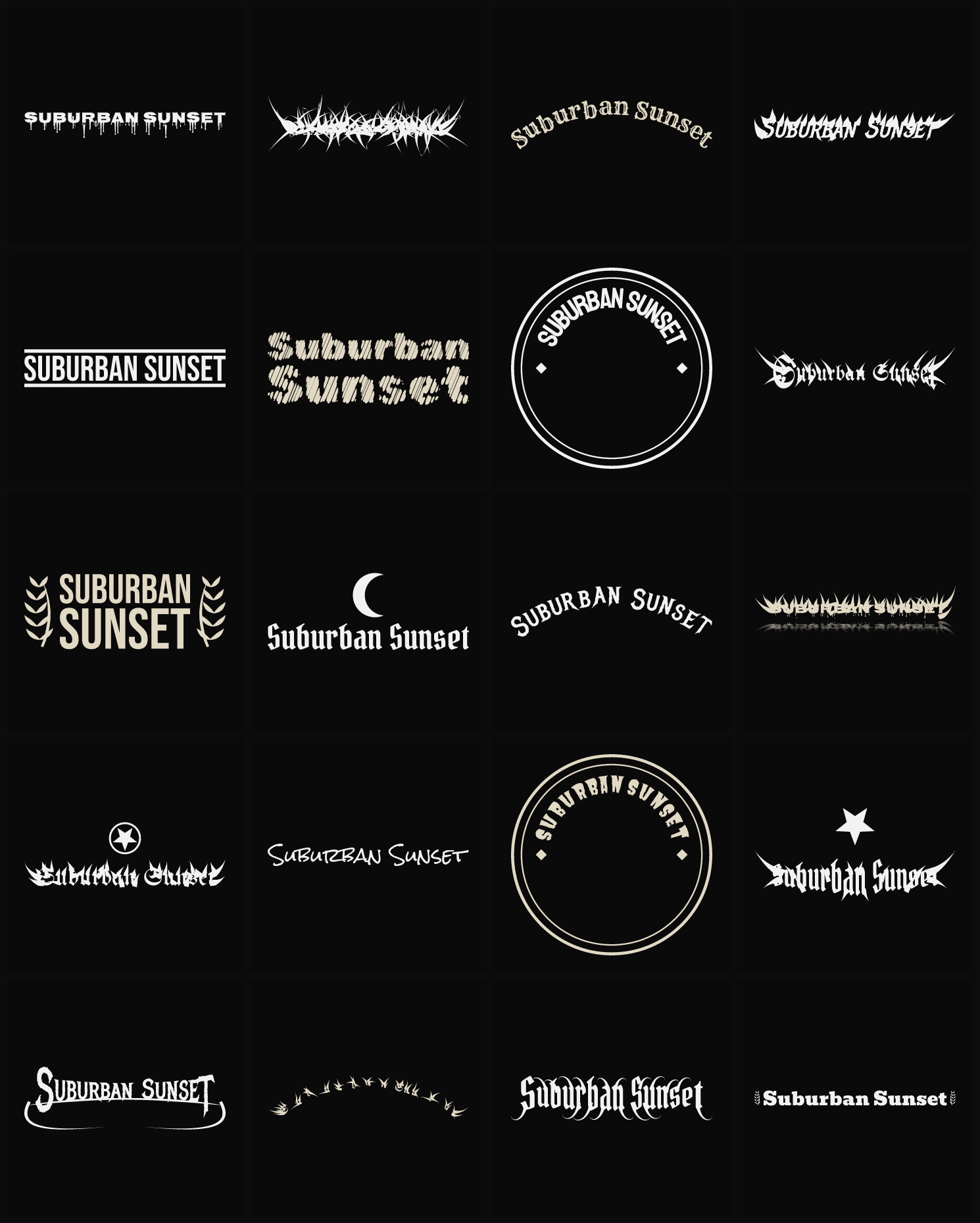 Twenty Suburban Sunset band logo ideas — different faces, treatments and spike settings