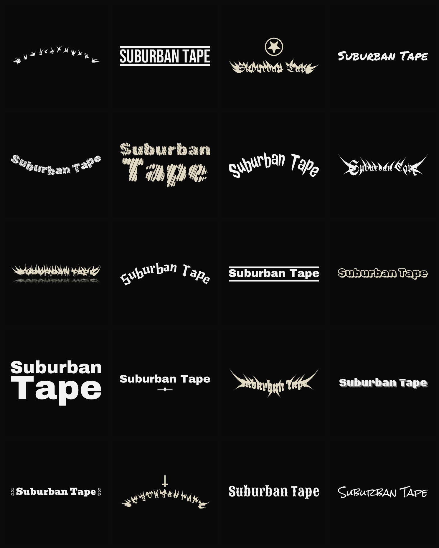 Twenty Suburban Tape band logo ideas — different faces, treatments and spike settings
