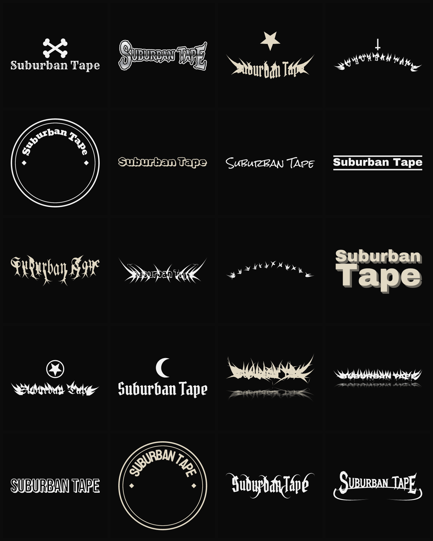 Twenty Suburban Tape band logo ideas — different faces, treatments and spike settings