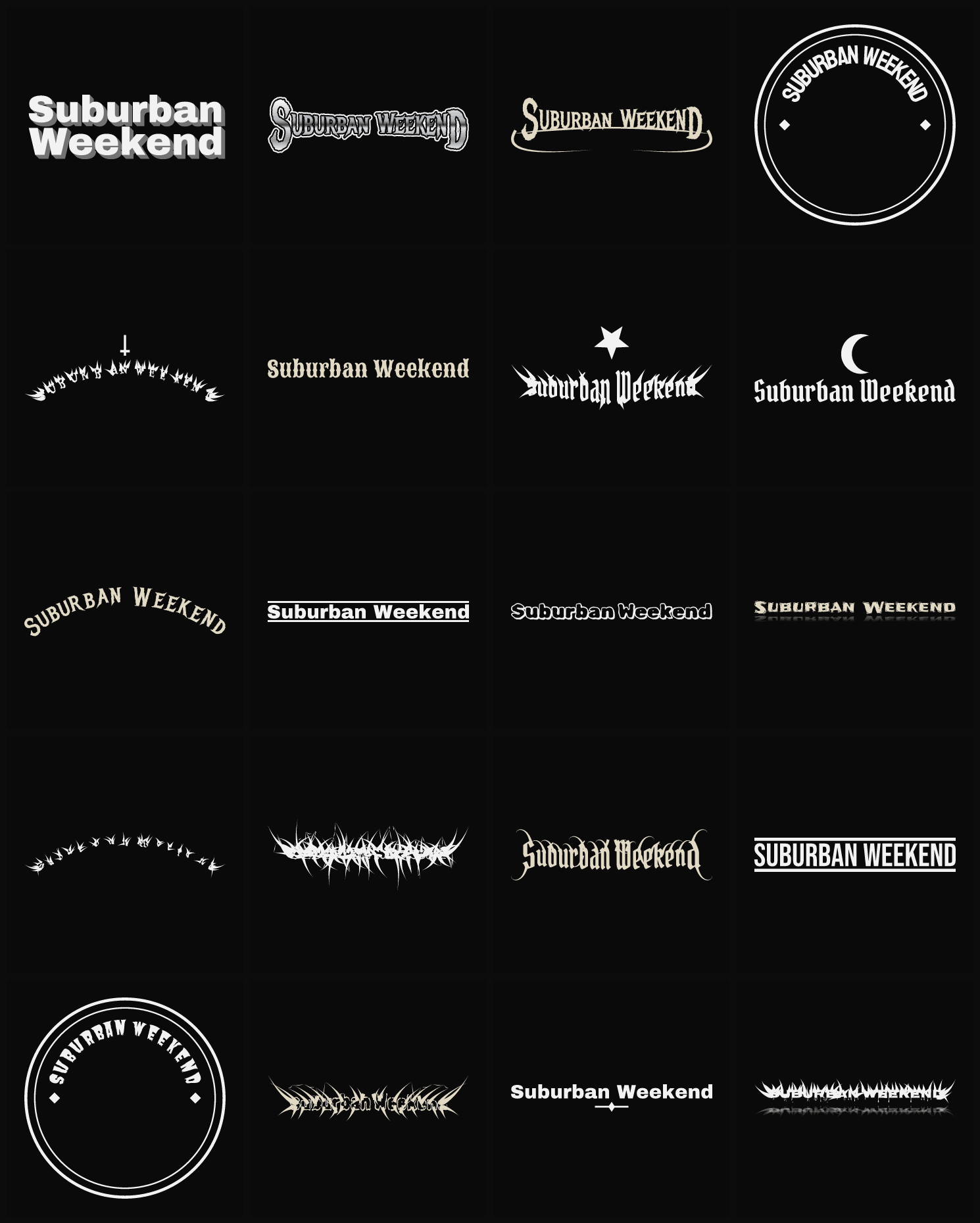 Twenty Suburban Weekend band logo ideas — different faces, treatments and spike settings