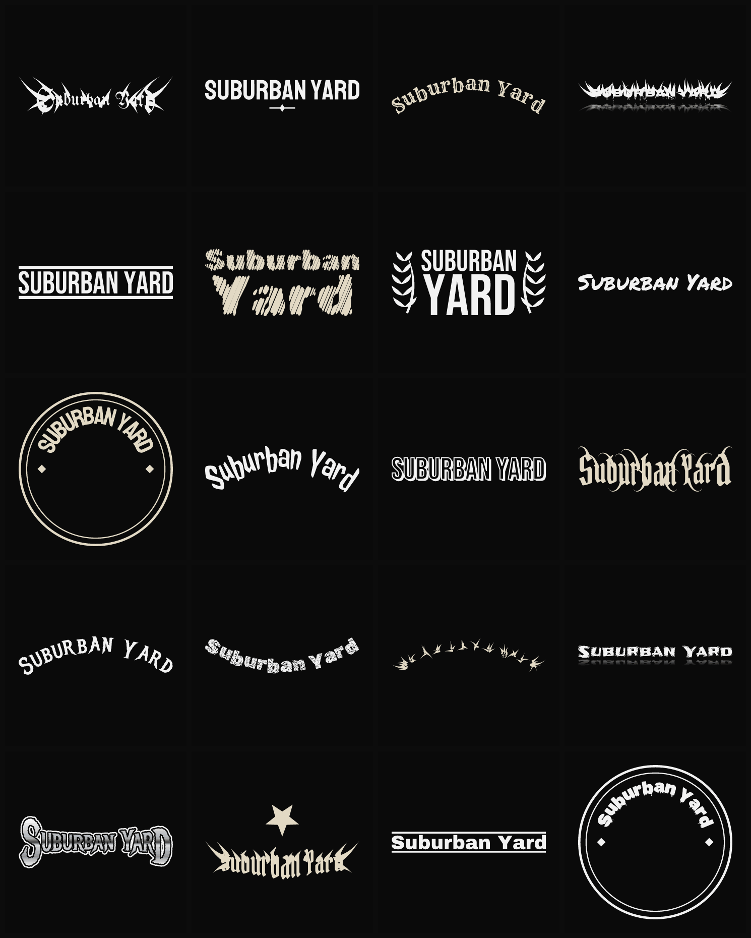 Twenty Suburban Yard band logo ideas — different faces, treatments and spike settings