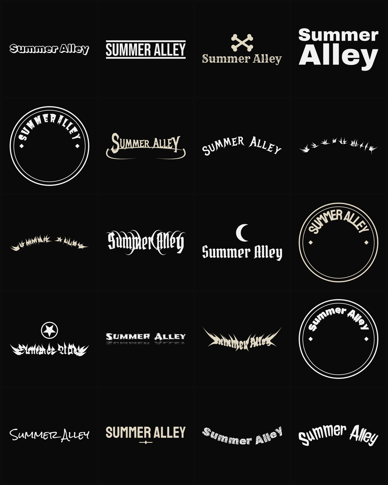 Twenty Summer Alley band logo ideas — different faces, treatments and spike settings