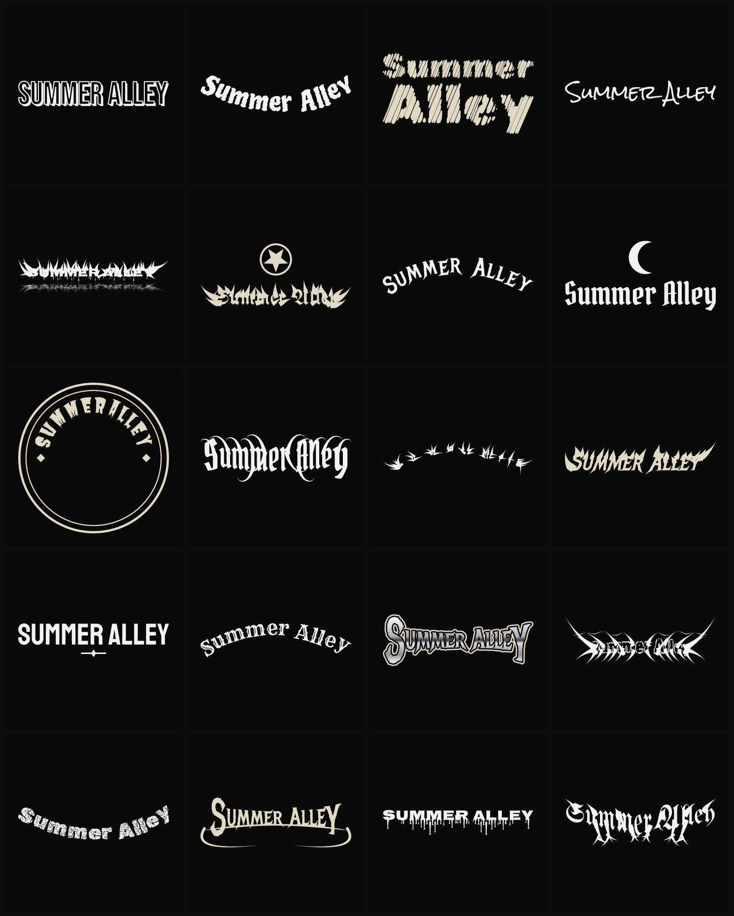 Twenty Summer Alley band logo ideas — different faces, treatments and spike settings