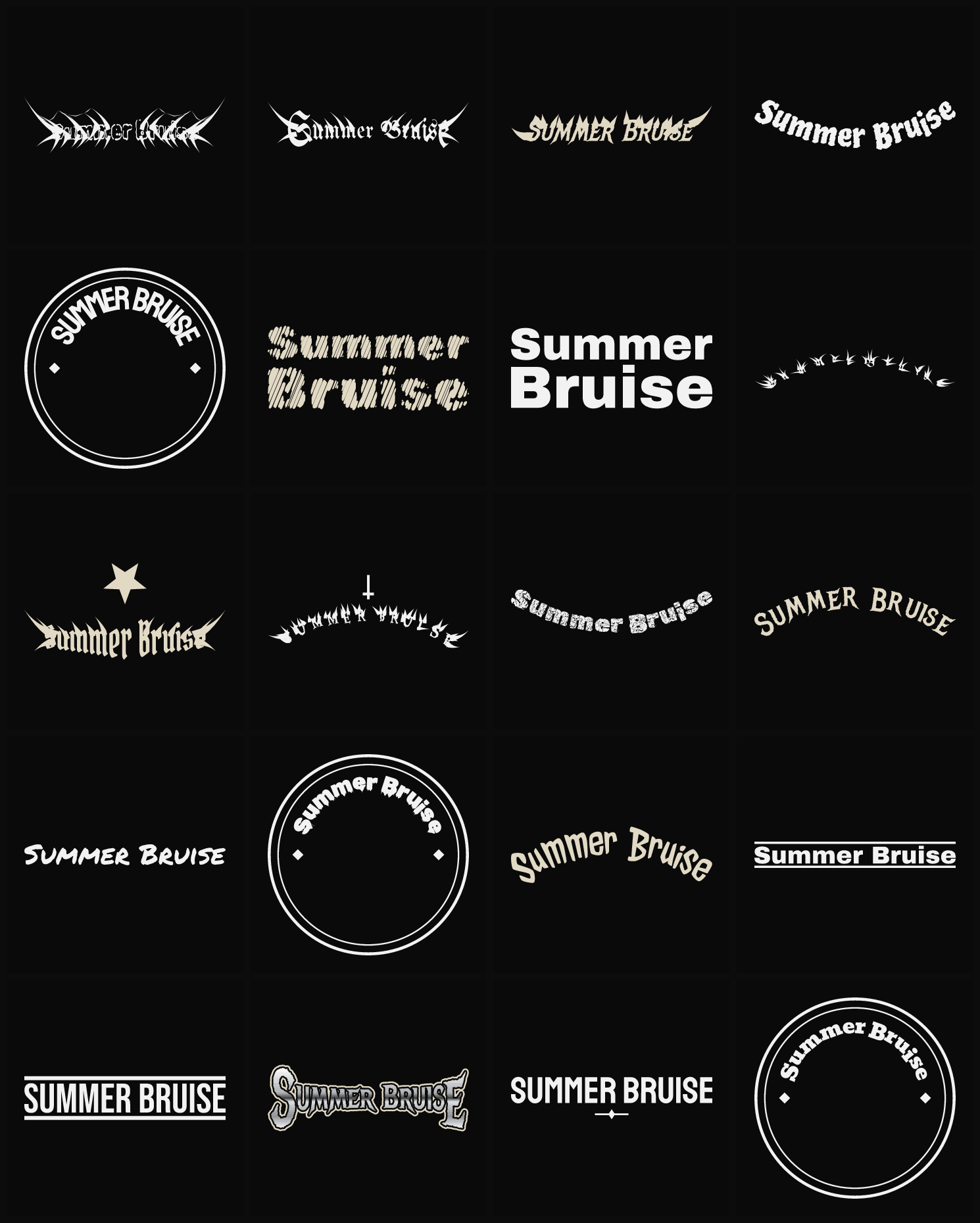 Twenty Summer Bruise band logo ideas — different faces, treatments and spike settings
