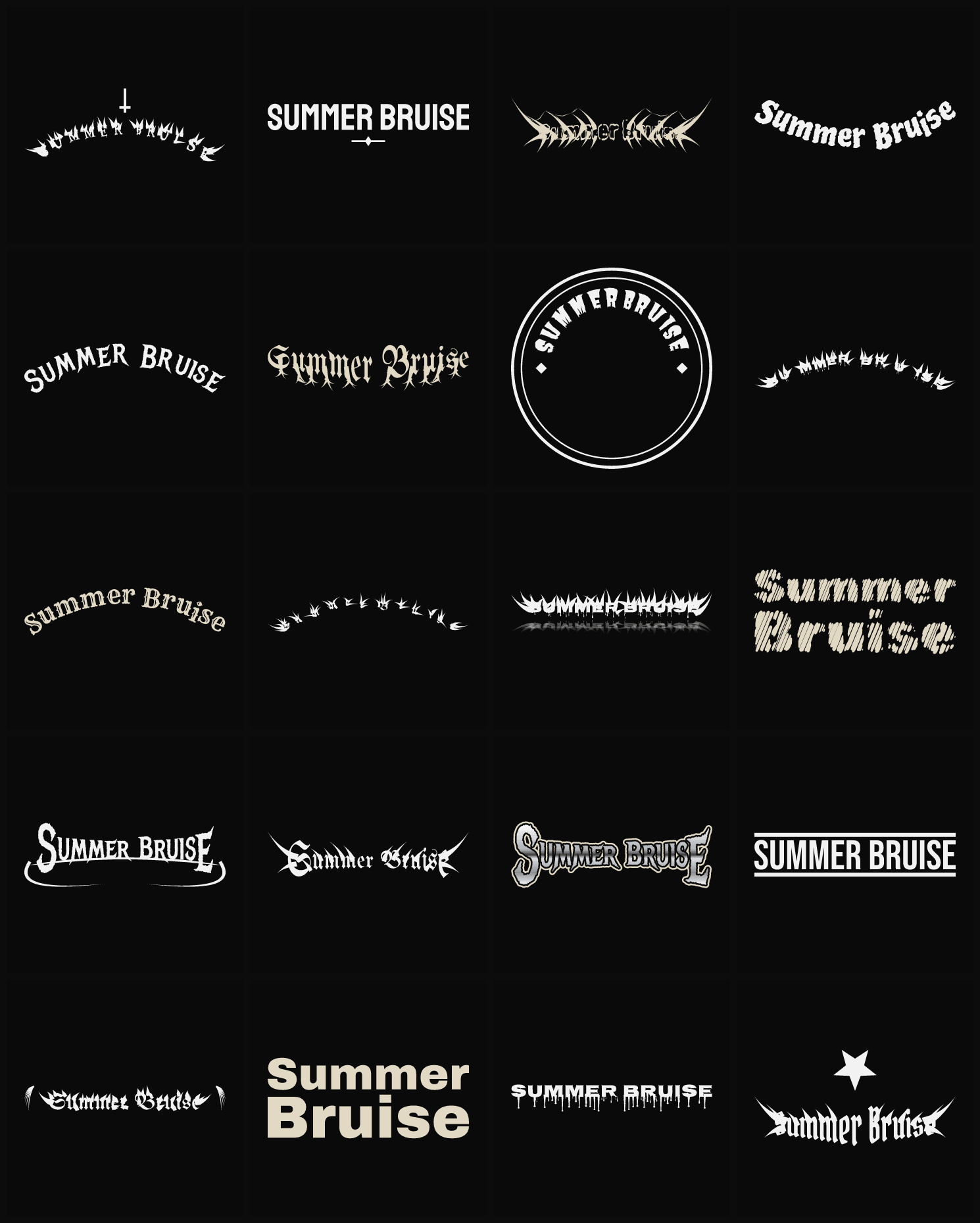 Twenty Summer Bruise band logo ideas — different faces, treatments and spike settings